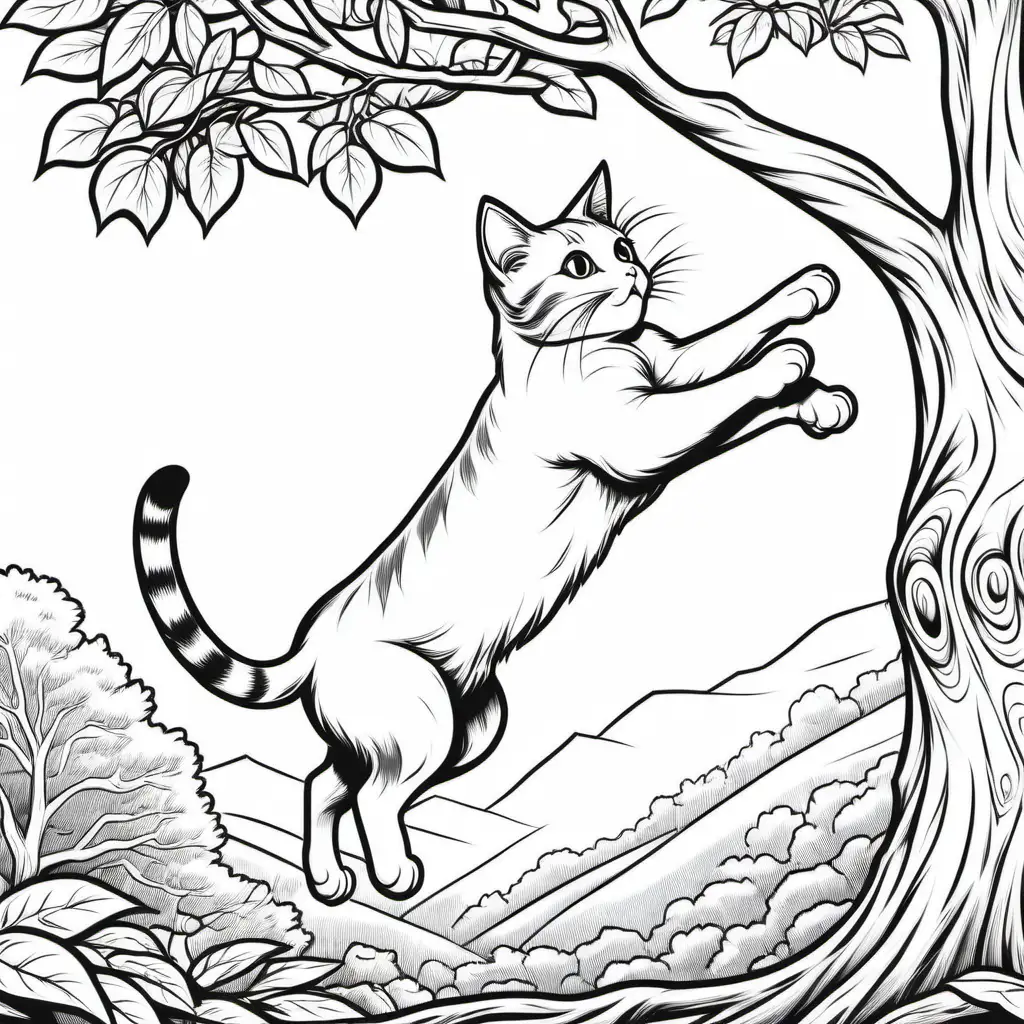 black and white outline drawing of a cat jumping onto a tree, coloring book style
