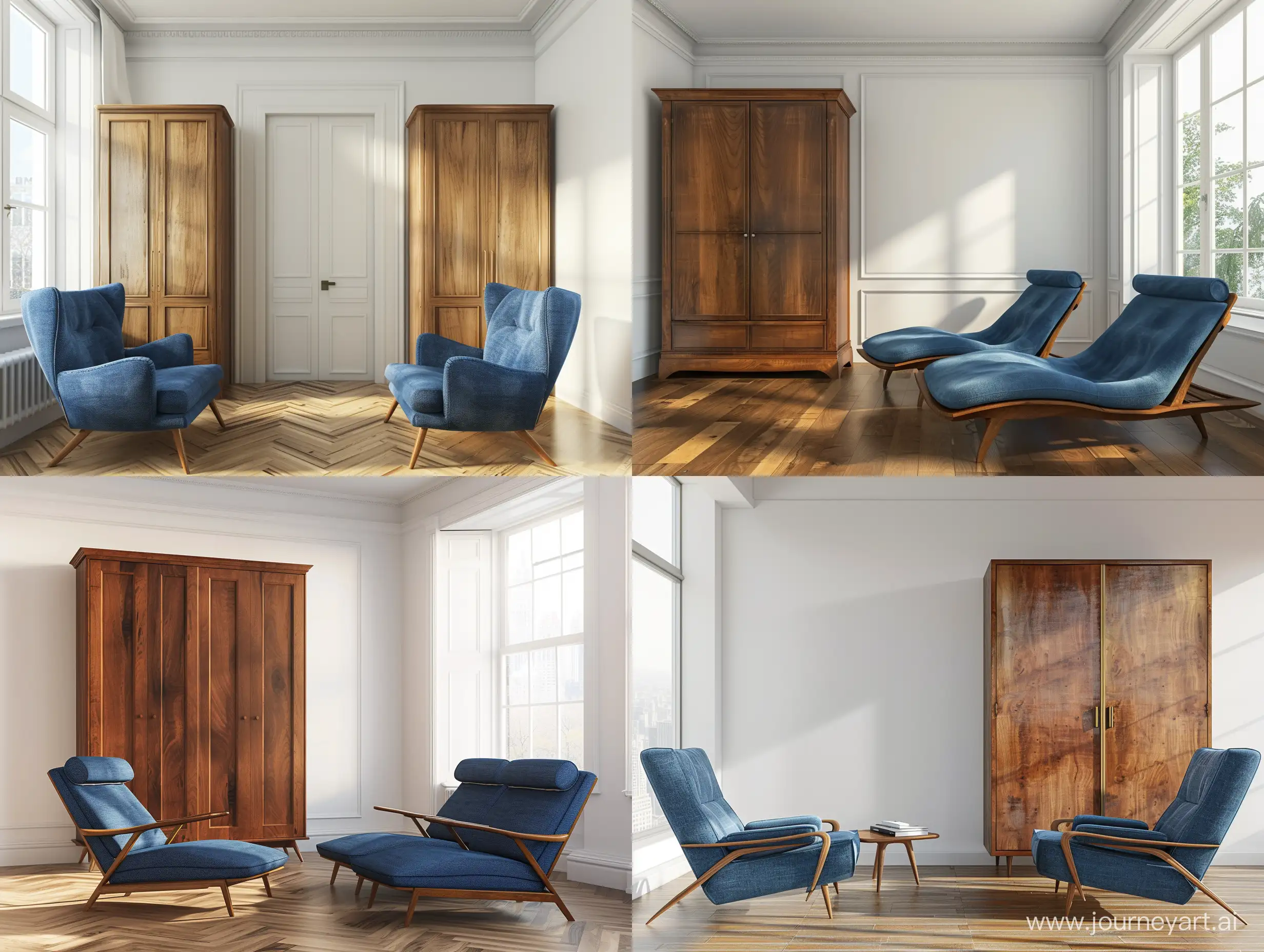 Mid-Century-Modern-Vintage-Living-Room-Interior-with-Blue-Lounge-Chairs-and-Wooden-Wardrobe