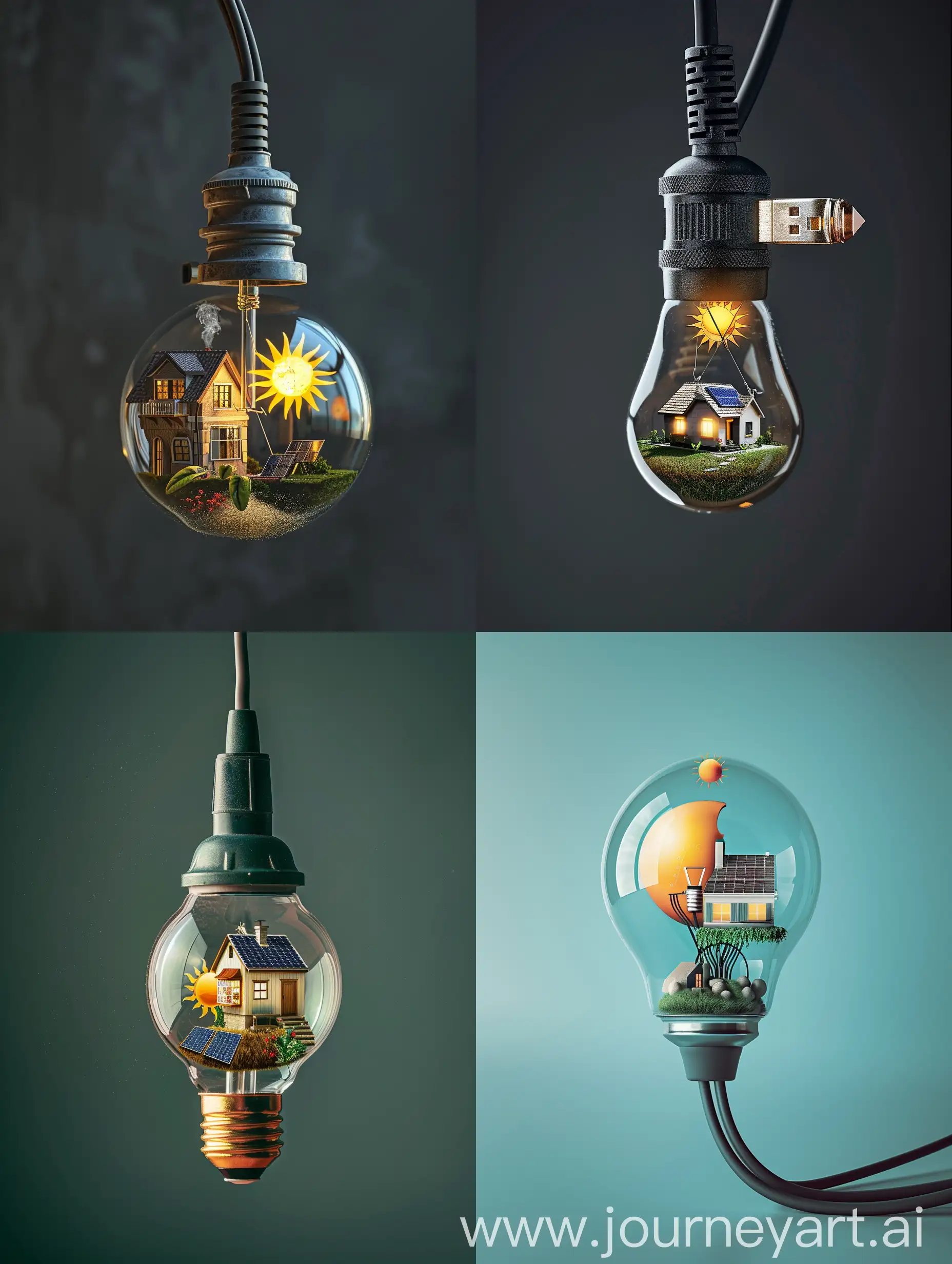 A power cable attached to a creative bulb contains a house with solar panel and sun
