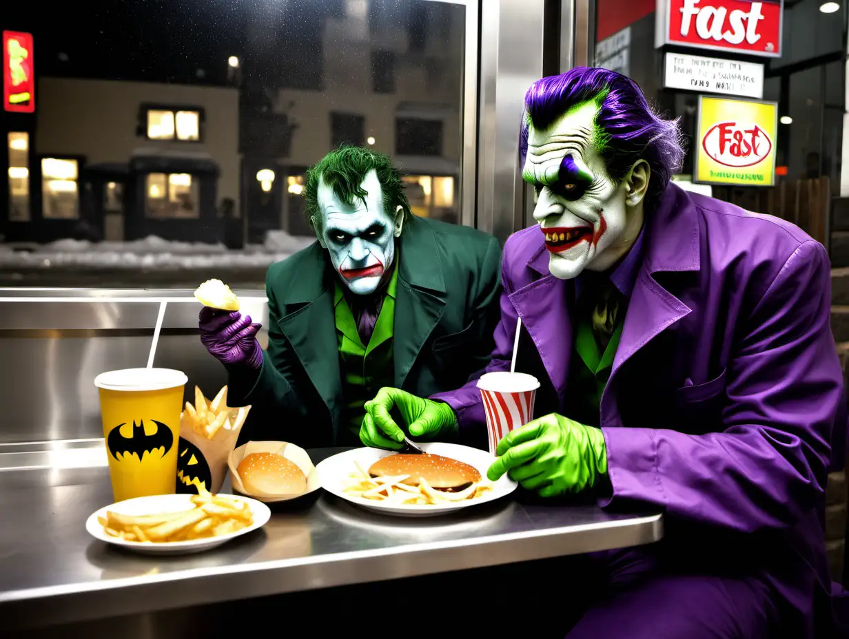 Frankenstein, Batman, The Joker, eating, fast food joint, winter