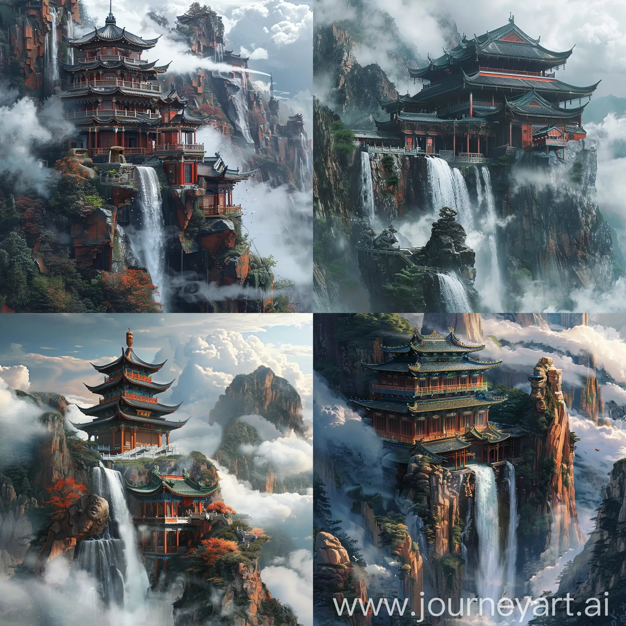 chinese culture building, with a waterfall, the building is located at a mountain, cloud is surrounding the building, strange shape rock is locate at the mountain.