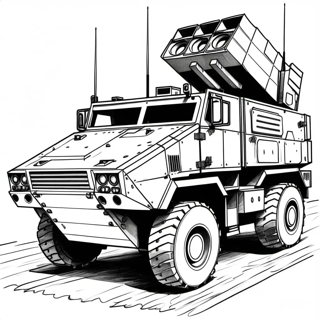 draw a military mlrs, black and white line drawing