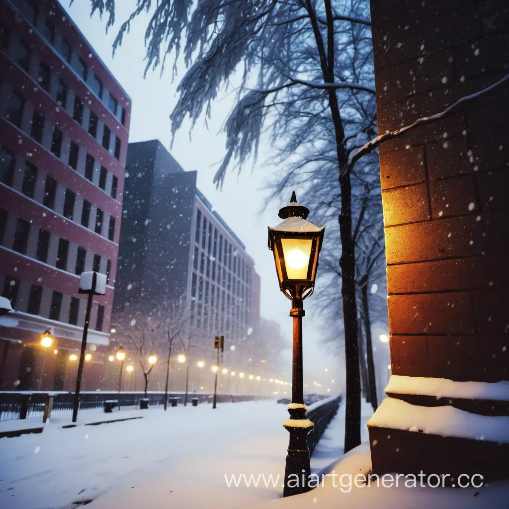 city, street, evening, lantern light, first snow