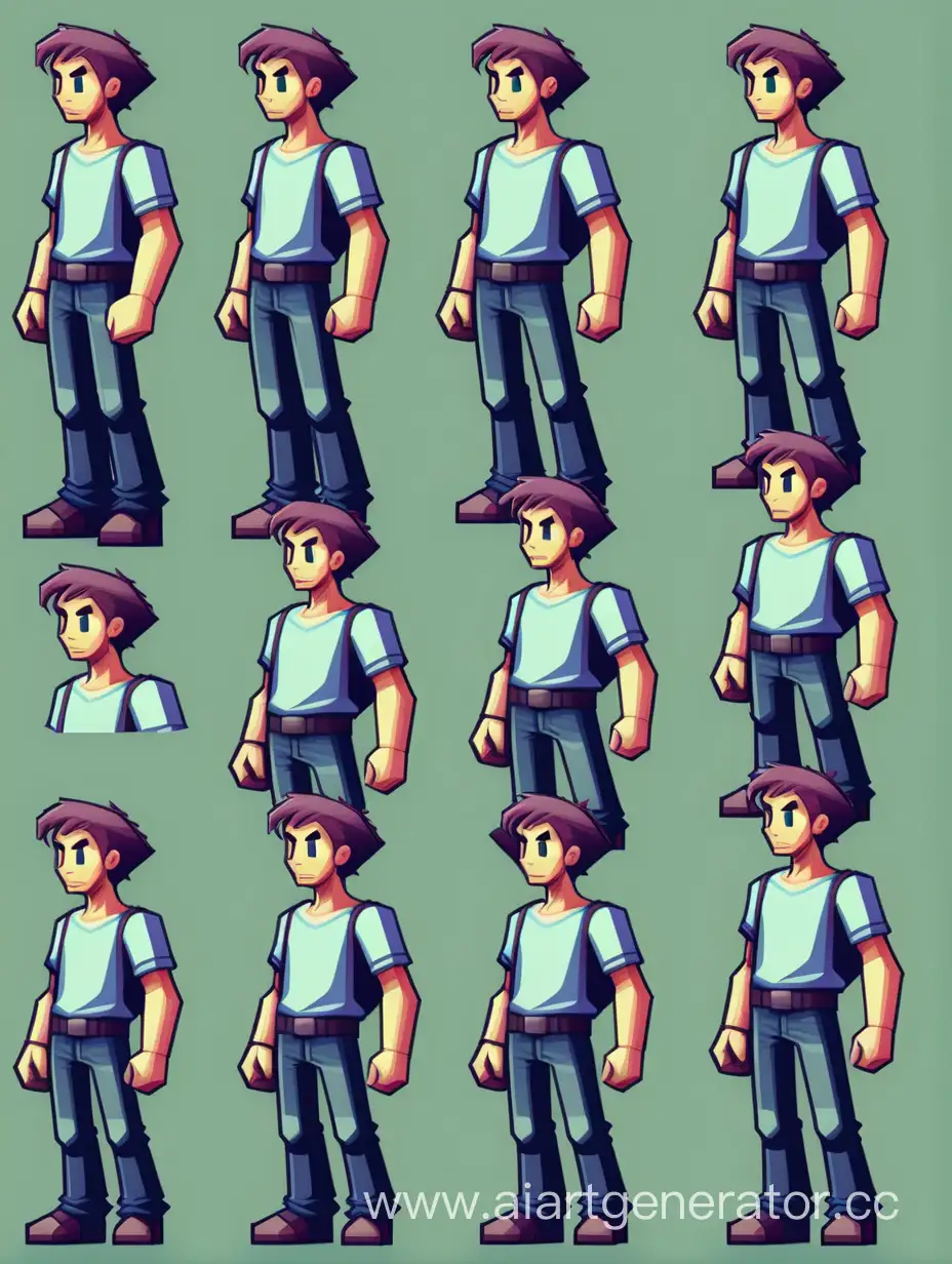 Sprite, pixel, pixel art character sheet, male , pixel art style, multiple views of the same character