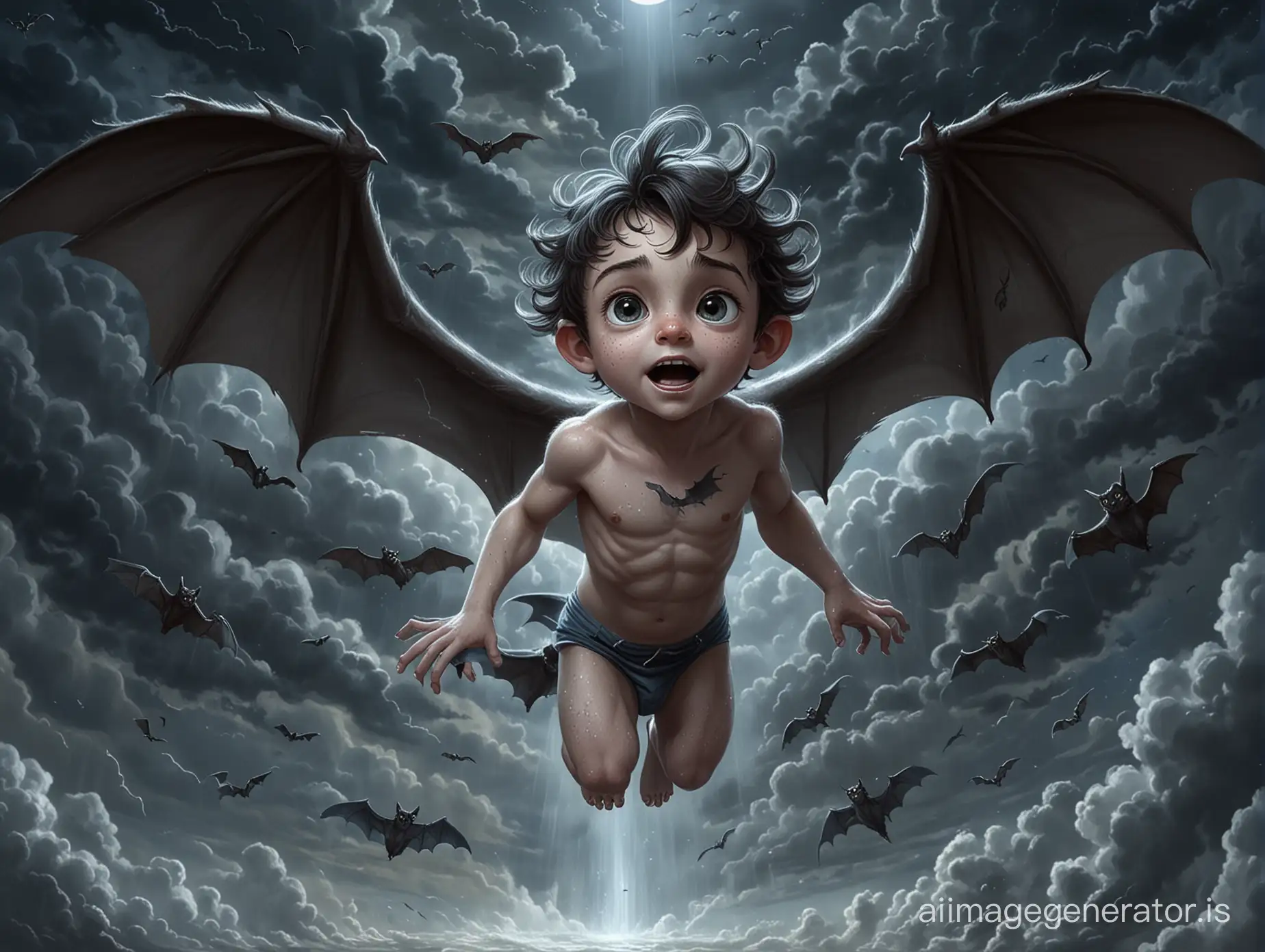 A young male water spout with human proportions, a cute boy face, a tail, and large bat-like wings. He is flying naked in the cloudy night sky. Showing the entire male boy in a long shot. He has smooth gray-blue skin with freckles. He is thin. On the forehead above the eyes are two horns. He has dark hair. He has claws instead of fingers and toes. It is night.
