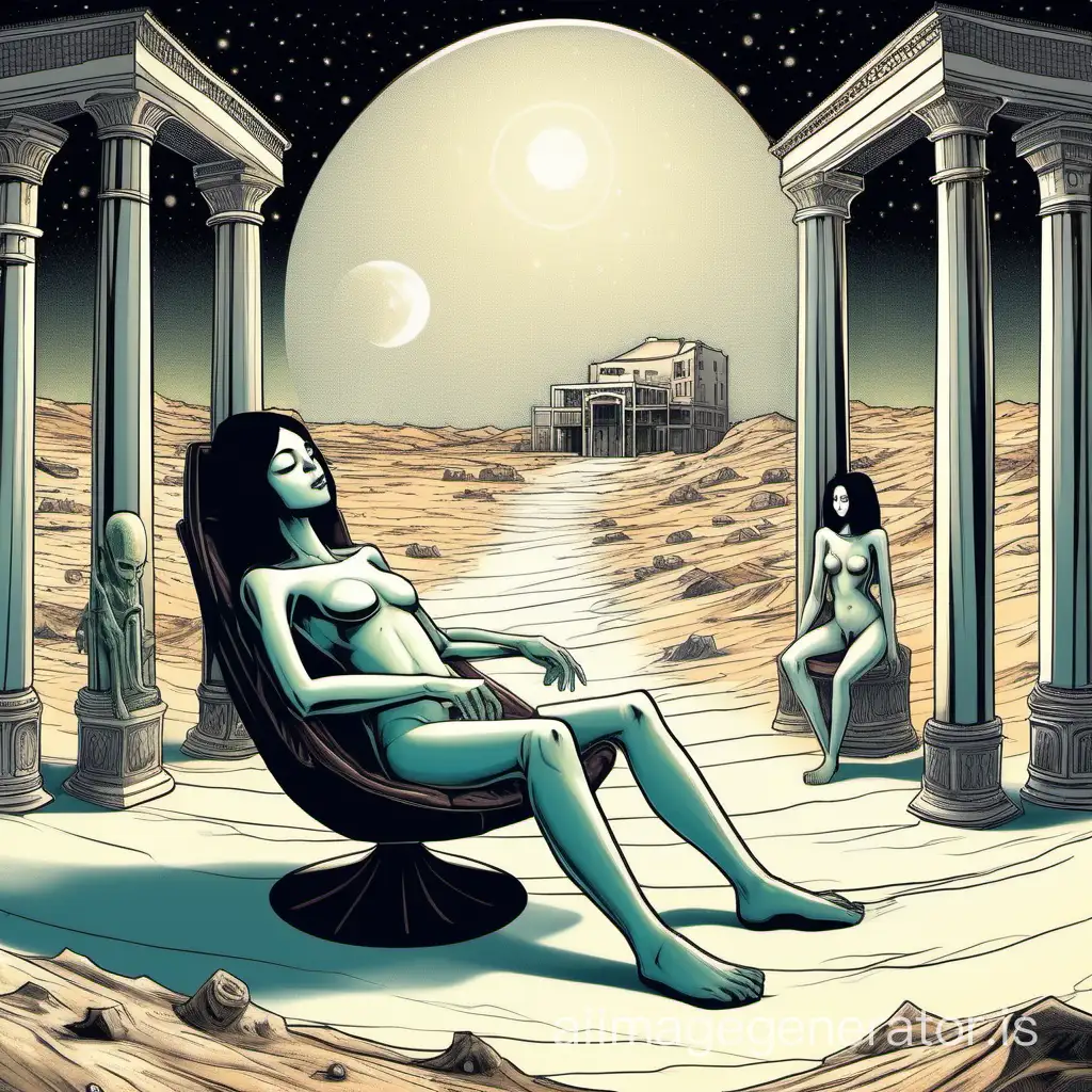 draw a woman martian with fair, brownish skin, lay back in a chair with closed eyes. The chair is between two crystal pillars of a house who is in the backround. There is a martian man next to the martian woman. The woman is dreaming of a giant human, he have black hair, blue eyes and white skin. In the backround, there is a desert and a dead sea, it's the morning.