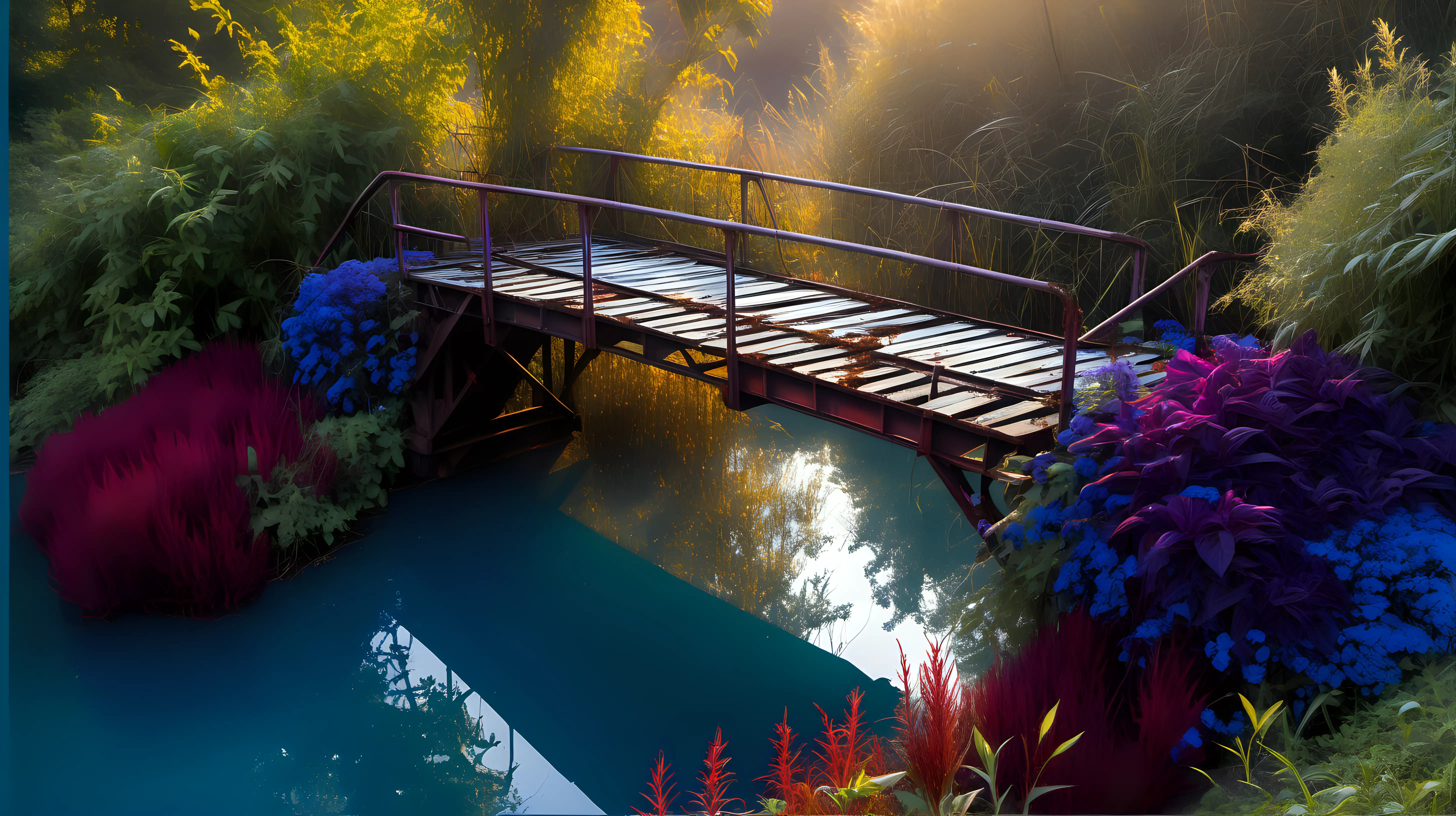 OLD RUSTY BRIDGE INFESTED WITH BLUE, RED, AND PURPLE GARDEN PLANTS, RIGHT-HAND SIDE, GOLDEN SUNLIGHT, BLUE CLEAR WATER