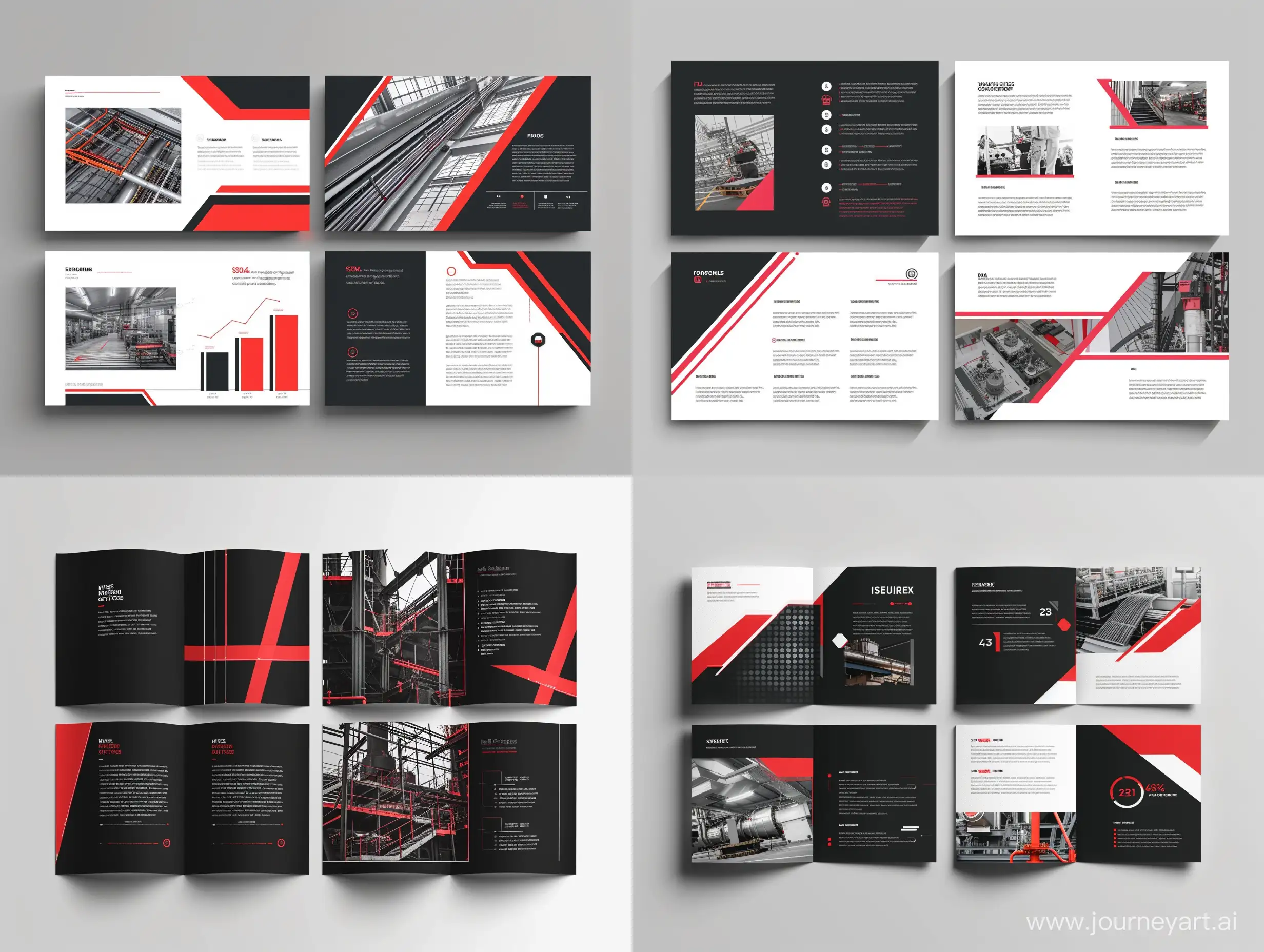 дизайн 4 страниц презентации инженерной компании в черных, белых и красных цветах