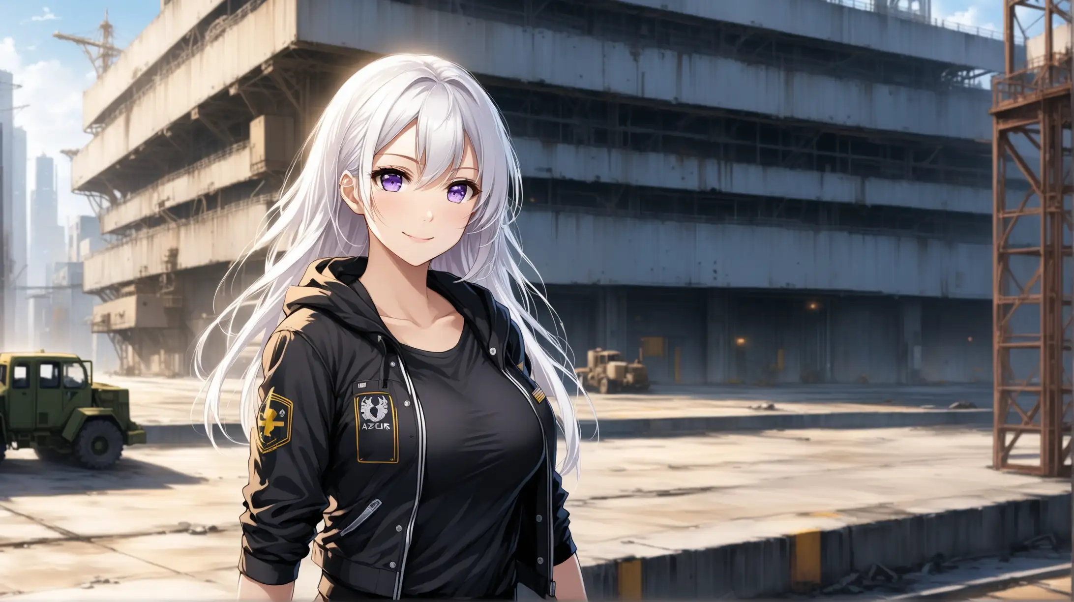 Draw the character Enterprise from Azur Lane, pale violet eyes, white hair, high quality, natural lighting, long shot, outdoors, casual pose, outfit inspired from the Fallout series, urban setting, smiling at the viewer