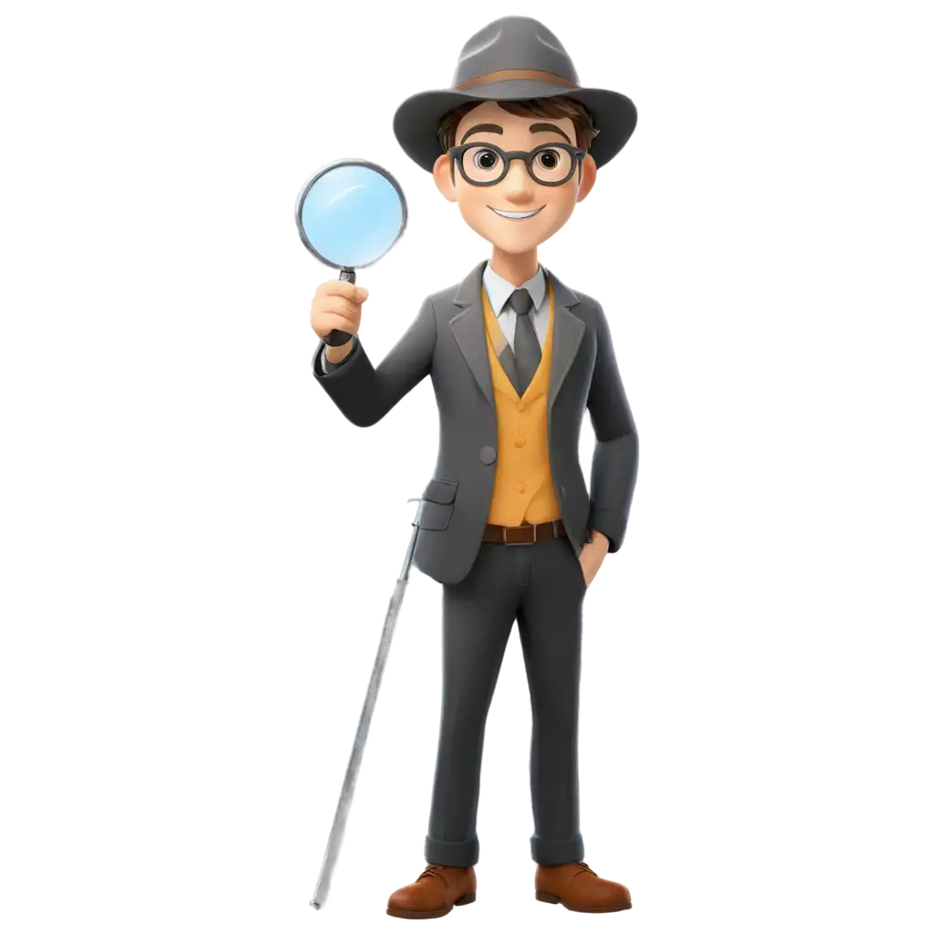 vector, cute detective smiling with magnifying glass in hand