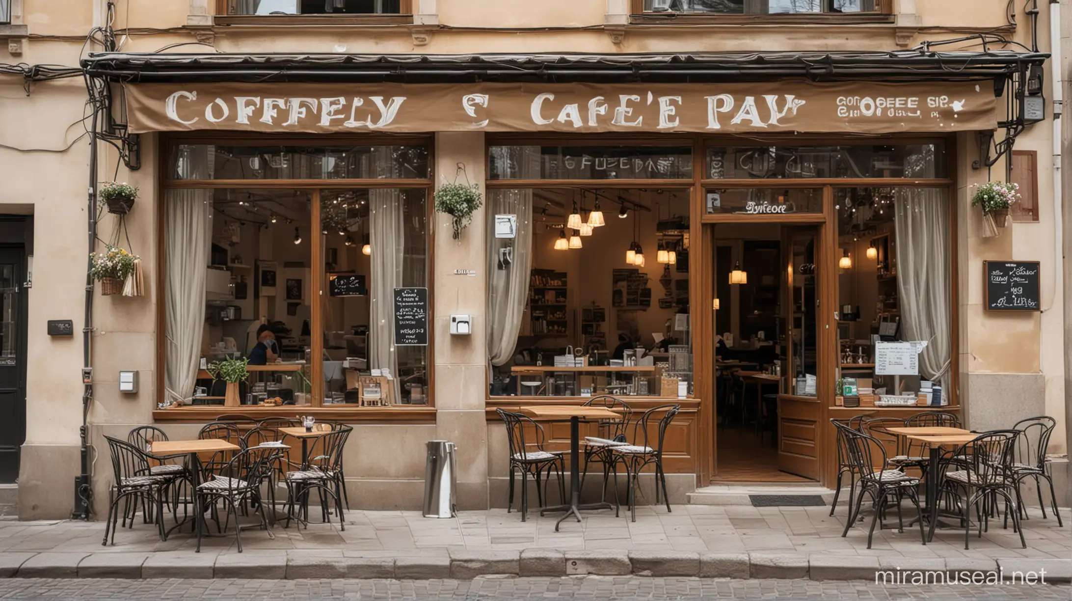 Небольшое кафе в центре города с красивой отделкой и интерьером с большими окнами и вывеской сверху: "КофеПей"