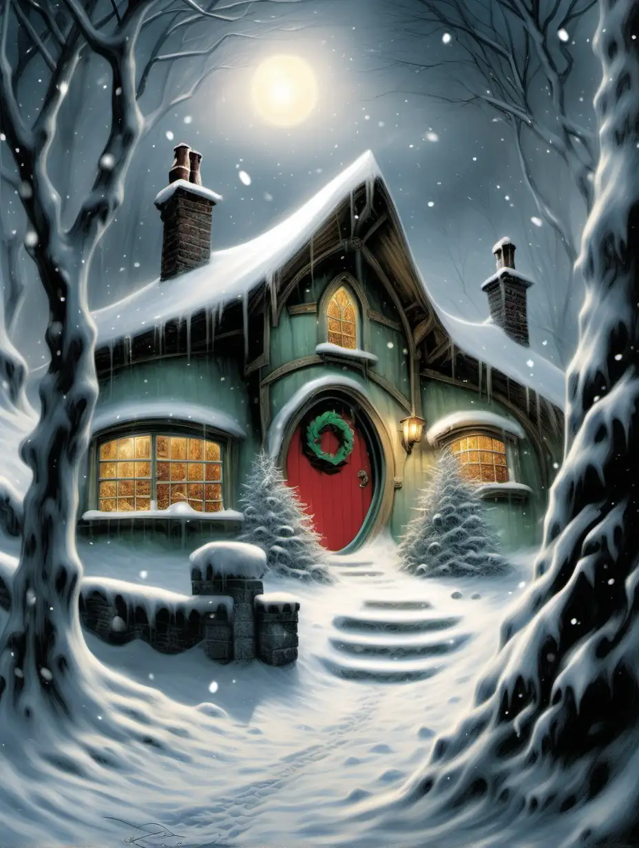 图片的中心焦点是比尔博·巴金斯的房子，它无缝地变成了一个冬季仙境，展现了超现实的艺术。对细节的关注以无与伦比的品质抓住了圣诞节的精髓。