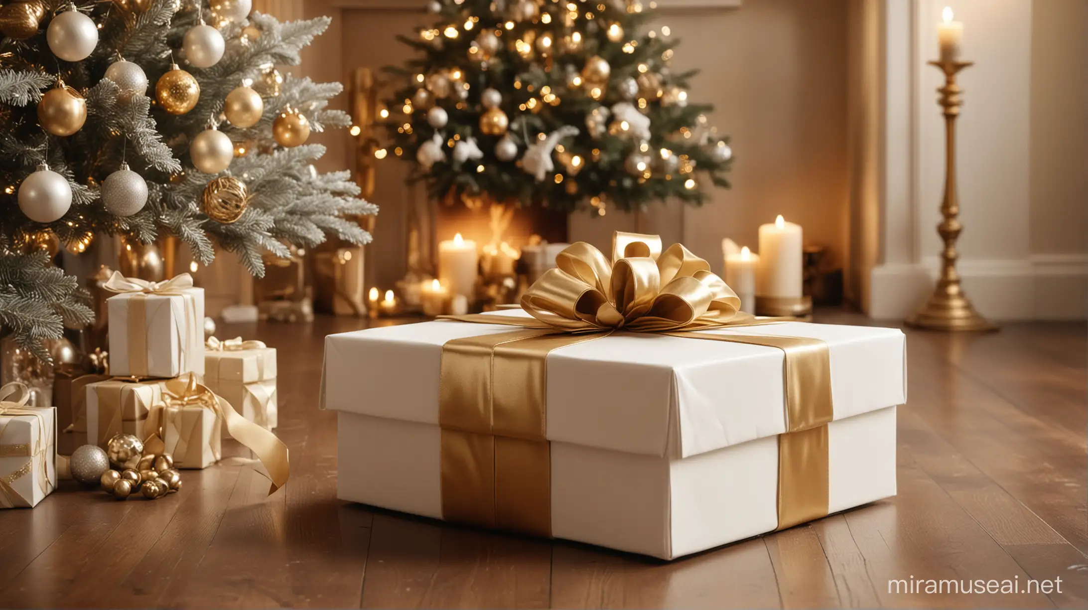 create a hyperrealistic  close up shot image of a 1920s inspired luxury holiday party that reflects classy upper class taste. The holiday party aesthetic should include a white, gold and silver color palette with a burning fireplace, a white holiday tree with presents and magical lighting in the background. The foreground of the image is a close up shot showing a white box with minimalistic gold art deco print wrapped in a bow being exchanged between a man  Men dressed in tux and women in 1920s inspired dresss and accessories.