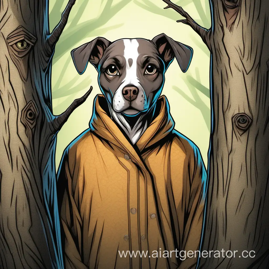 Anthropomorphic-Dog-Wearing-Clothes-Hiding-Behind-Tree