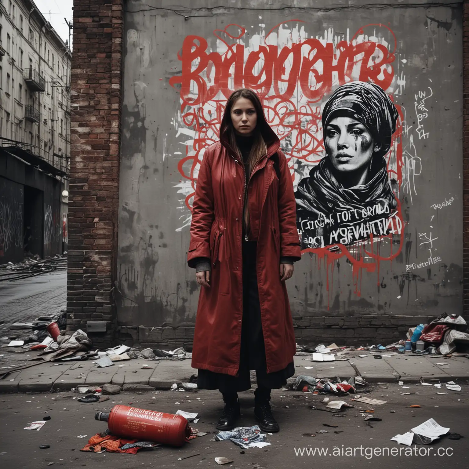 Title: Я живу в России

Subtitle: Moscow city in fire
On front side: people of Caucasian ethnicity with Russian girls and garbage on the roads

Visual Elements:

An urban landscape, where stark tones dominate, contrasting with vibrant street art.
In focus - a lone figure, symbolizing the protagonist's isolation amidst the tumultuous environment.
Symbols of cultural clash and diversity: shawarma, a bottle of vodka, and graffiti depicting the complexities of Russian identity.
Color Scheme:

Deep shades of red symbolizing the passion and intensity of Russian life.
Cool blues and grays reflecting the urban grit and cold reality faced by the protagonist.
Accents of gold and neon hinting at the allure and danger lurking in the shadows.
Font Style:

Bold, Cyrillic-inspired typeface for the chorus, representing the anthem-like quality of the lyrics, echoing the underground subculture explored in the track.
Subtle hints of traditional Russian calligraphy in the background add depth to the design.
Mood:

Gritty yet vibrant; chaotic yet alluring.
Captures the raw energy and contradictions of contemporary Russian society.
Invites viewers to delve into the complex layers of identity, culture, and rebellion depicted in the lyrics.