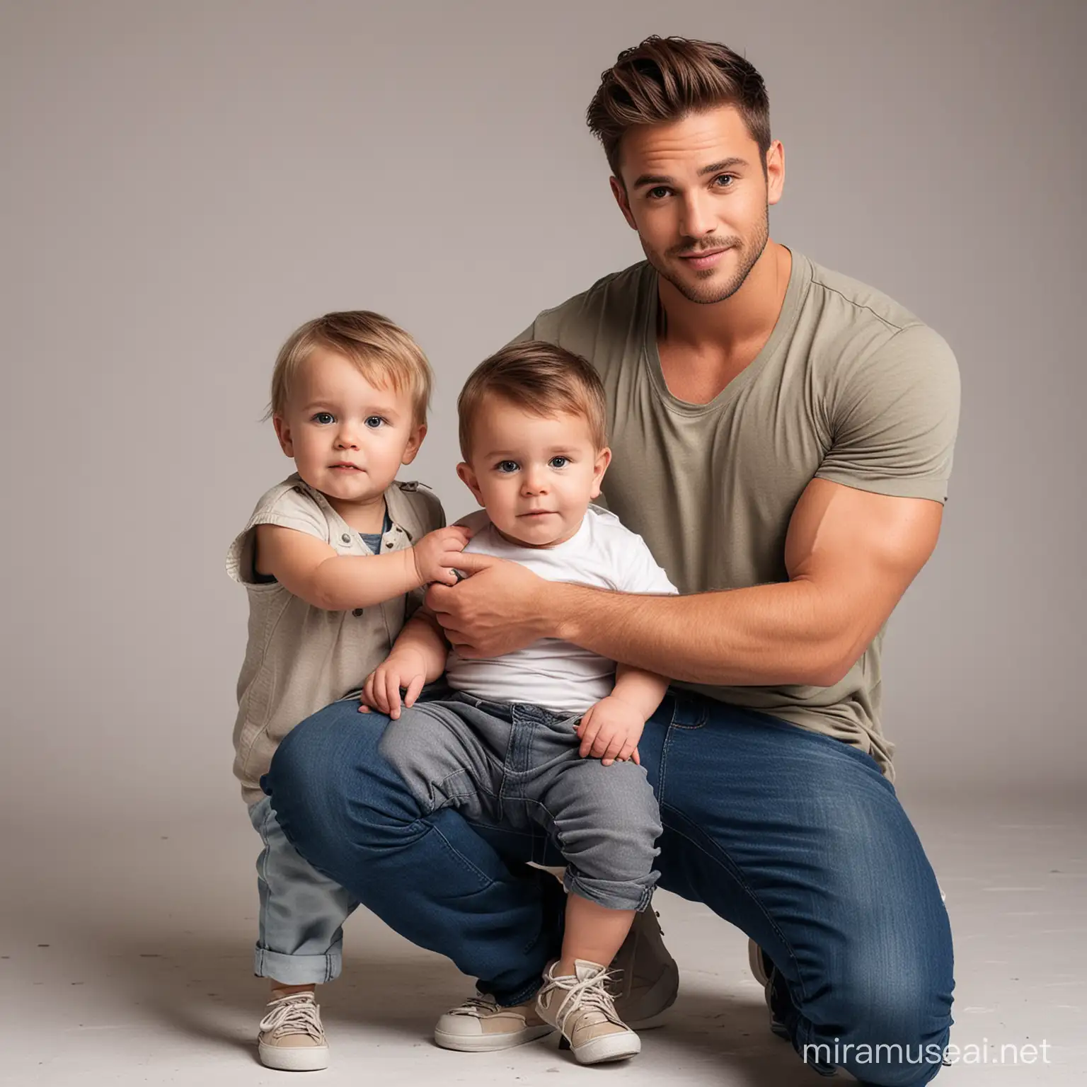 A young attractive male celebrity doing a photoshoot with his son whos a toddler.