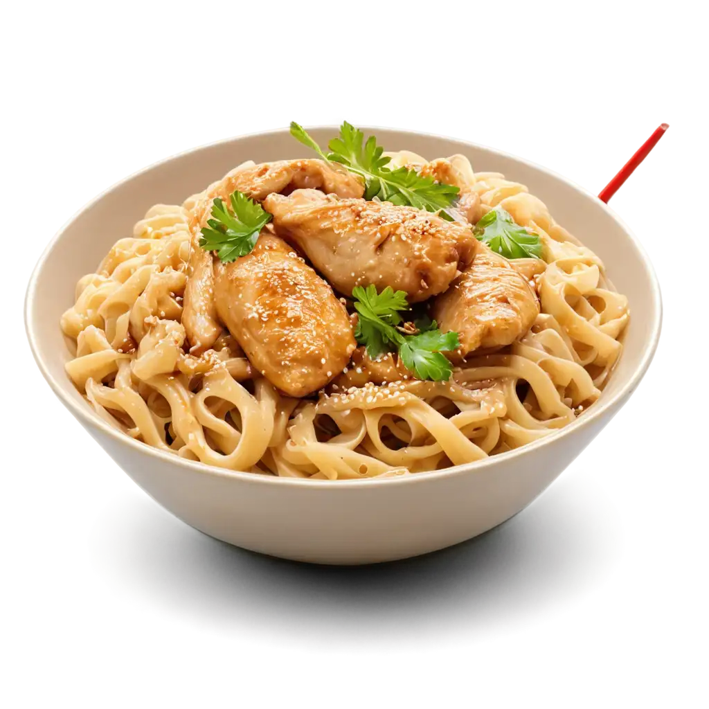 chicken noodles in a bowl with chicken pieces