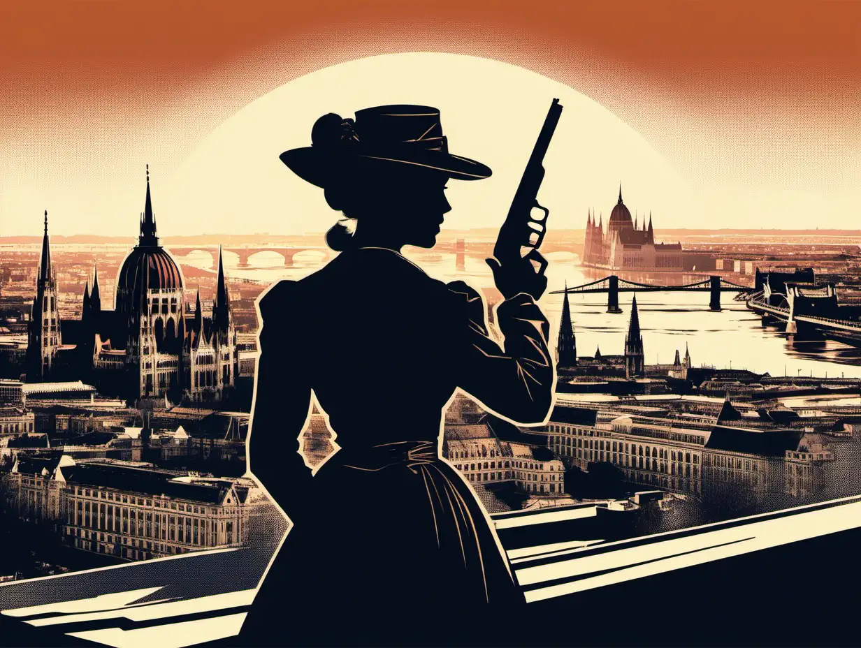 screen print of an aristocratic woman holding a pistol looking overlooking s silhouette of Budapest skyline in the background, illustration style