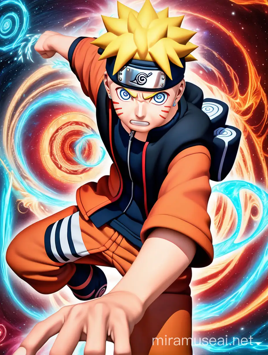 Highest Quality Image Naruto Uzumaki, protagonist of the anime Naruto, portrayed in a dynamic action pose, surrounded by swirling chakra energy in light red and turquoise hues. The artwork is designed in a chromepunk style, with metallic and futuristic elements integrated into Naruto's attire and surrounding environment. The image is inspired by the aesthetics of Ferrania P30 film, resulting in a high-contrast monochromatic look with bold shadows and highlights. The composition follows the approach of social media portraiture, with a focus on Naruto's facial expression and emotion. The background features a vibrant red hue, creating a striking contrast against the character. The art is influenced by the whimsical and fantastical style of Victor Nizovtsev, adding an extra layer of magic and enchantment to the scene. --ar 3:2 --niji 5
