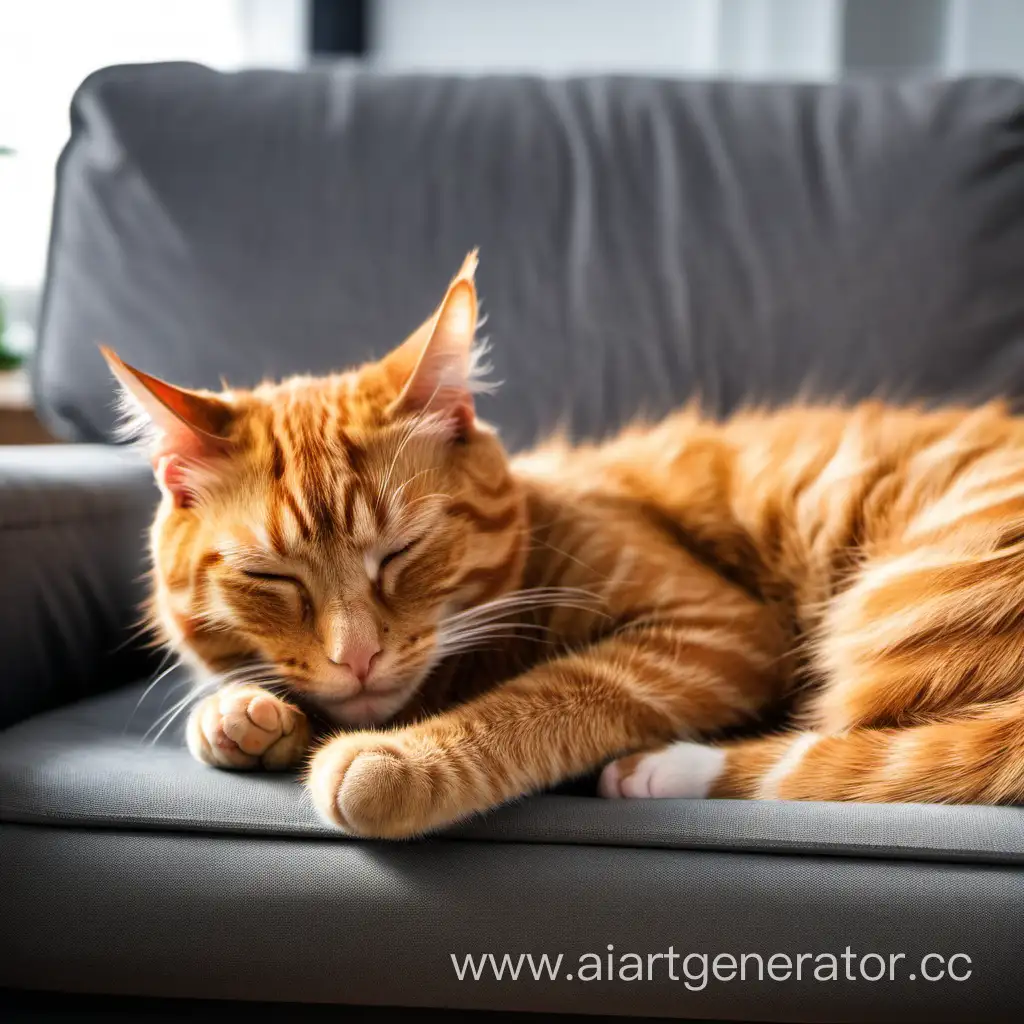 Молодой рыжий котик спит в гостинной комнате,  рядом на диване сидит его хозяин