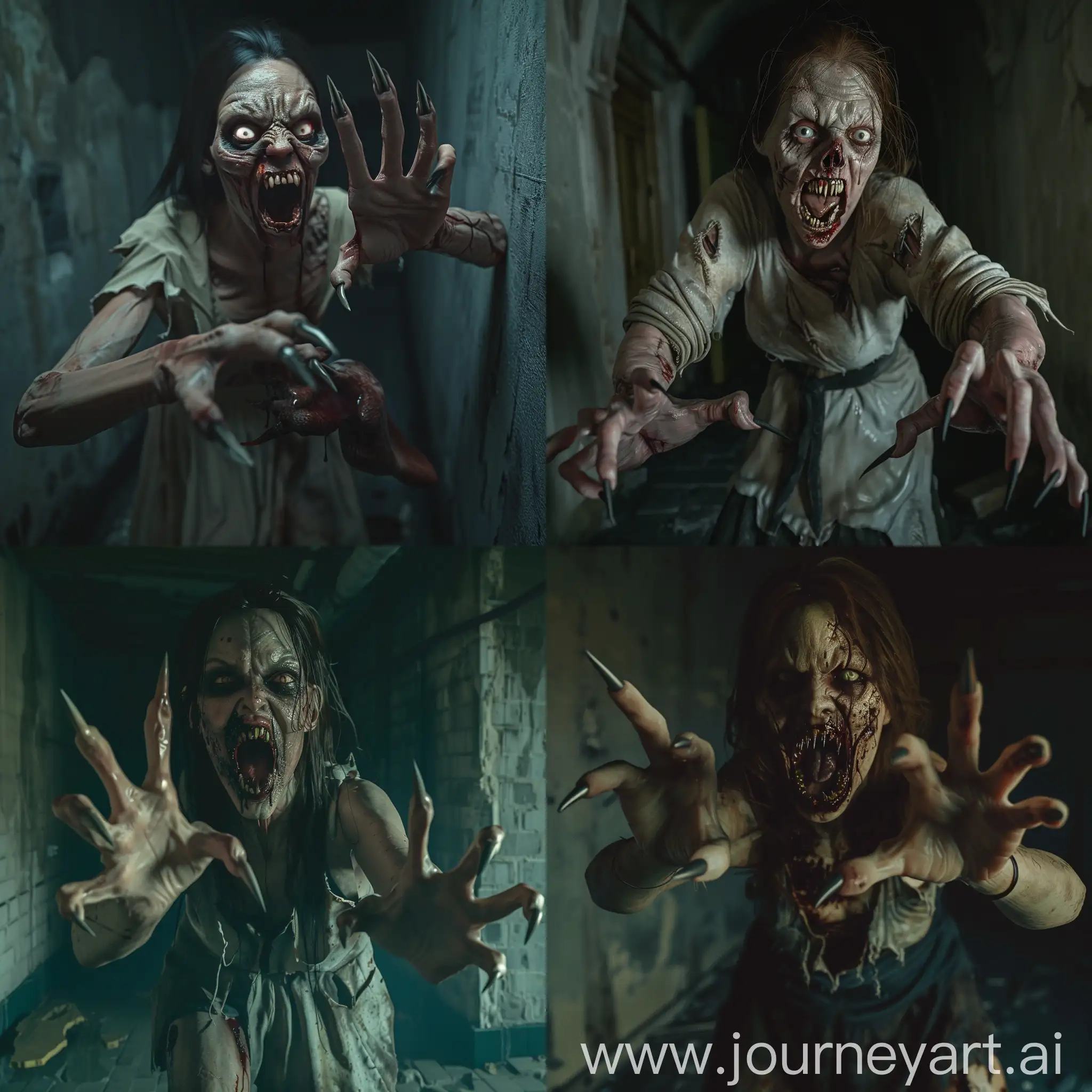 A zombie woman with long pointed fingernails approaches her victim in order to pounce, her mouth is open exposing sharp crooked teeth resembling fangs, she is dressed in torn clothes, her arms are stretched out in front of her, in this scene we see her in full height, in a dark basement.hyper-realism, cinematic, high detail, photo detailing, high quality, photorealistic, terrifying, aggressive, bloodlust, sharp fangs, dark atmosphere, realistic, detailed nails, horror, atmospheric lighting, full anatomical. human hands, very clear without flaws with five fingers