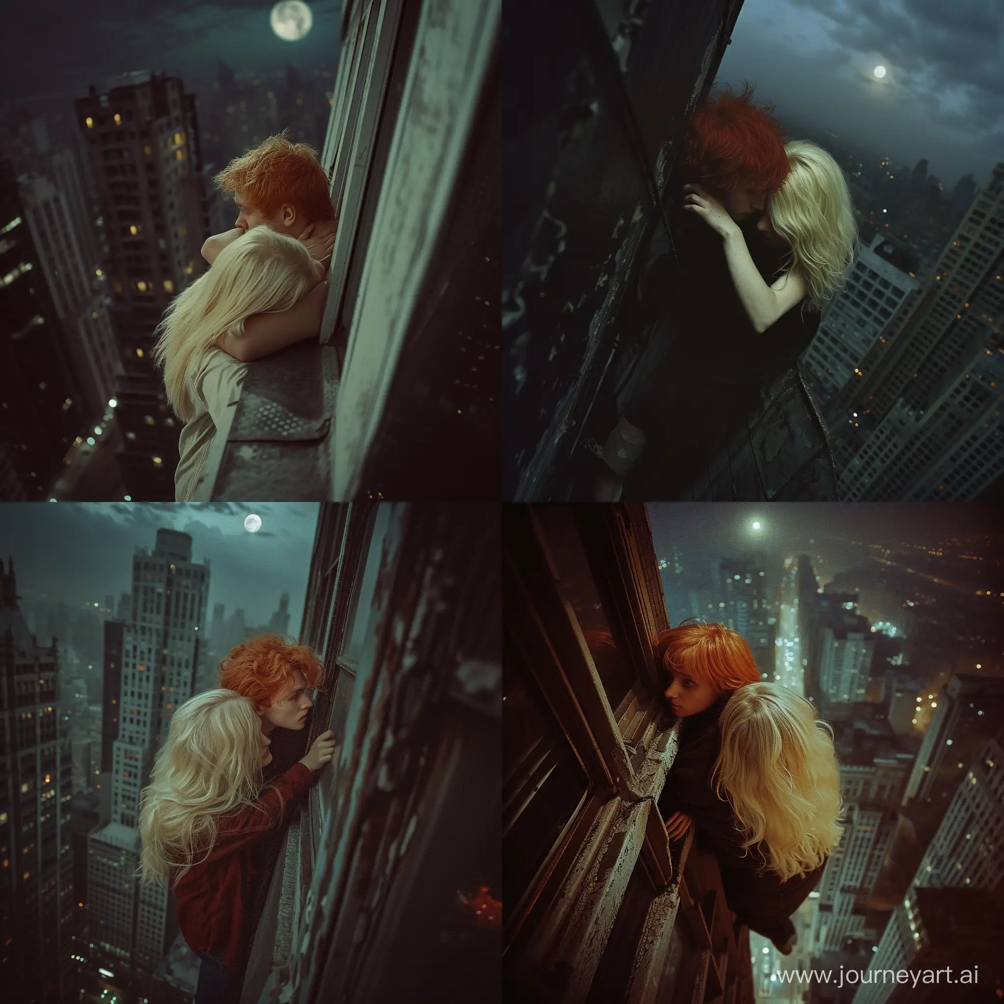 shot from the back. redhead man looking from very high sky building into the ground leaning into the corner of the roof. blond girl do the same and hugs him.  very dark night, urban wide-shot with buildings in the background somewhat blurry, photo with 8mm, looks like part of the music video. noisy photo, night lighting and moon blurred into the skies, extremely drammatic and evil mood, but also transcendental 
