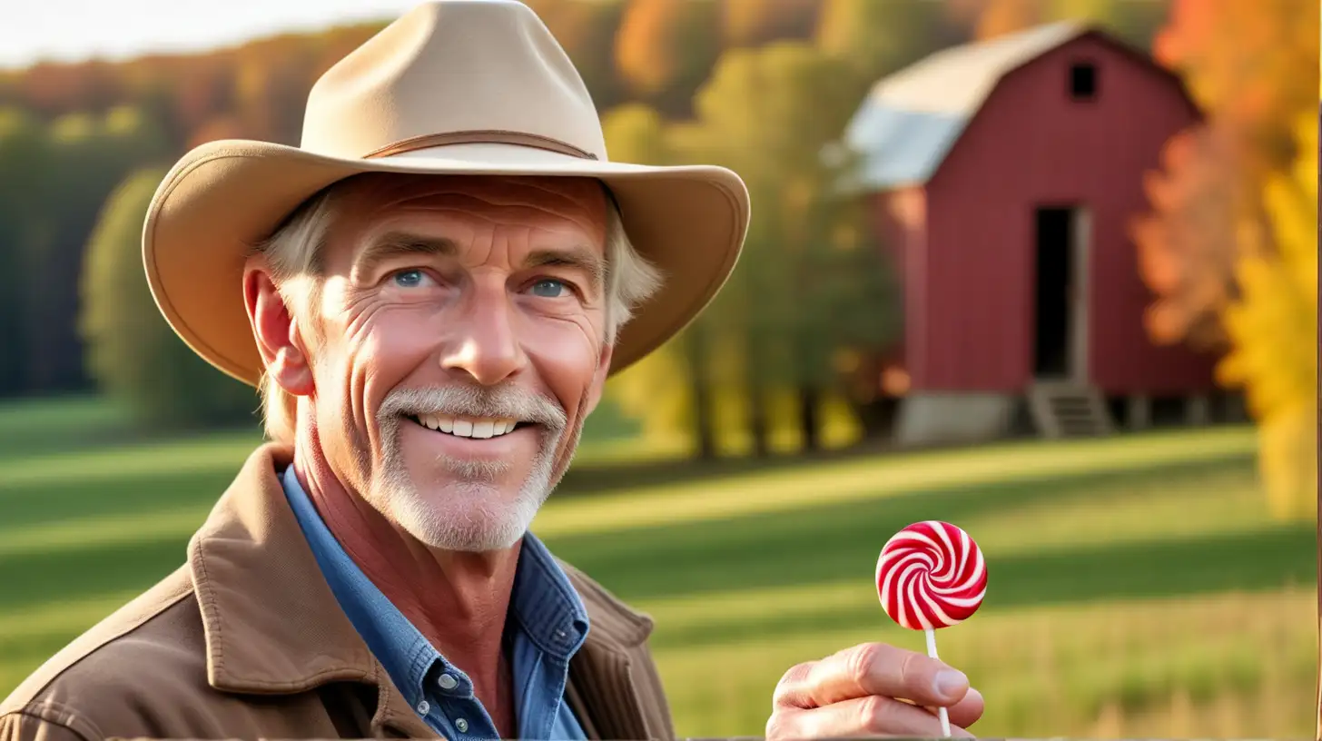 Handsome American man of 45 years in beautiful countryside shows a single candy.