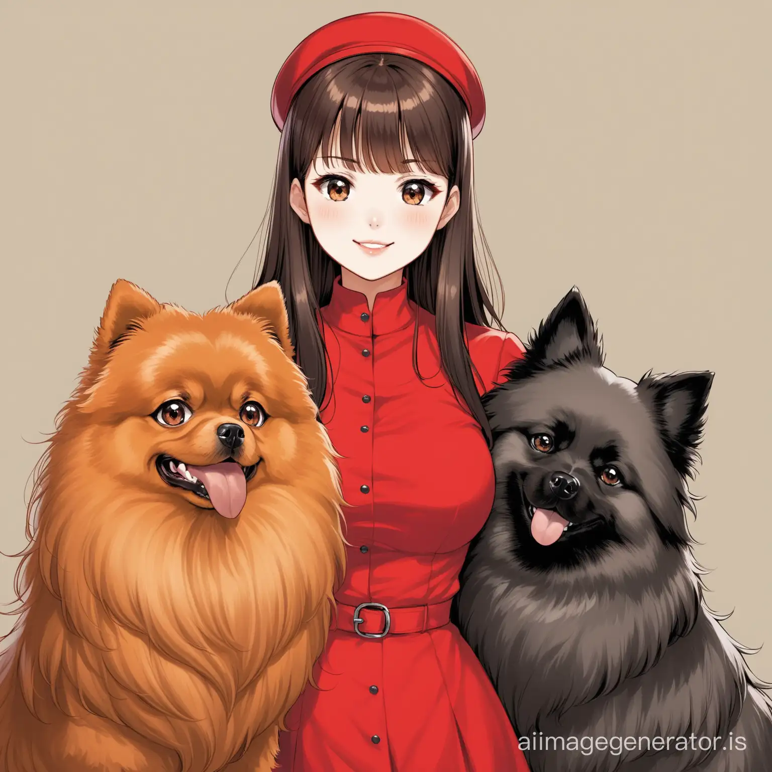The woman with bangs and two dogs, a red Pomeranian and a Keeshond.