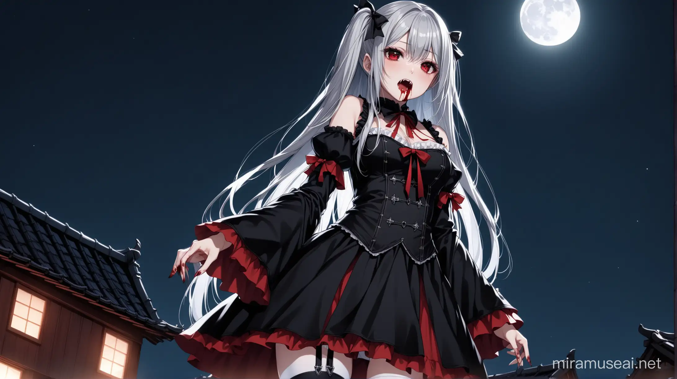 Aesthetic Chloe Sakamata a young and cute vampire girl, Japan, long silver hair and vampire fangs and red eyes standing on building rooftop, school grounds, low angle, from below, night, Dutch angle, full moon, high detail, ((best quality)), ((high quality)), high detailed eyes, wearing a gothic style black outfit with detached sleeves, white thigh highs stockings, wide irises, cold expression, standing, full body, illumination moonlight, two side up, shadow, blood, ((extreme close-up shot)), ((light erotic))