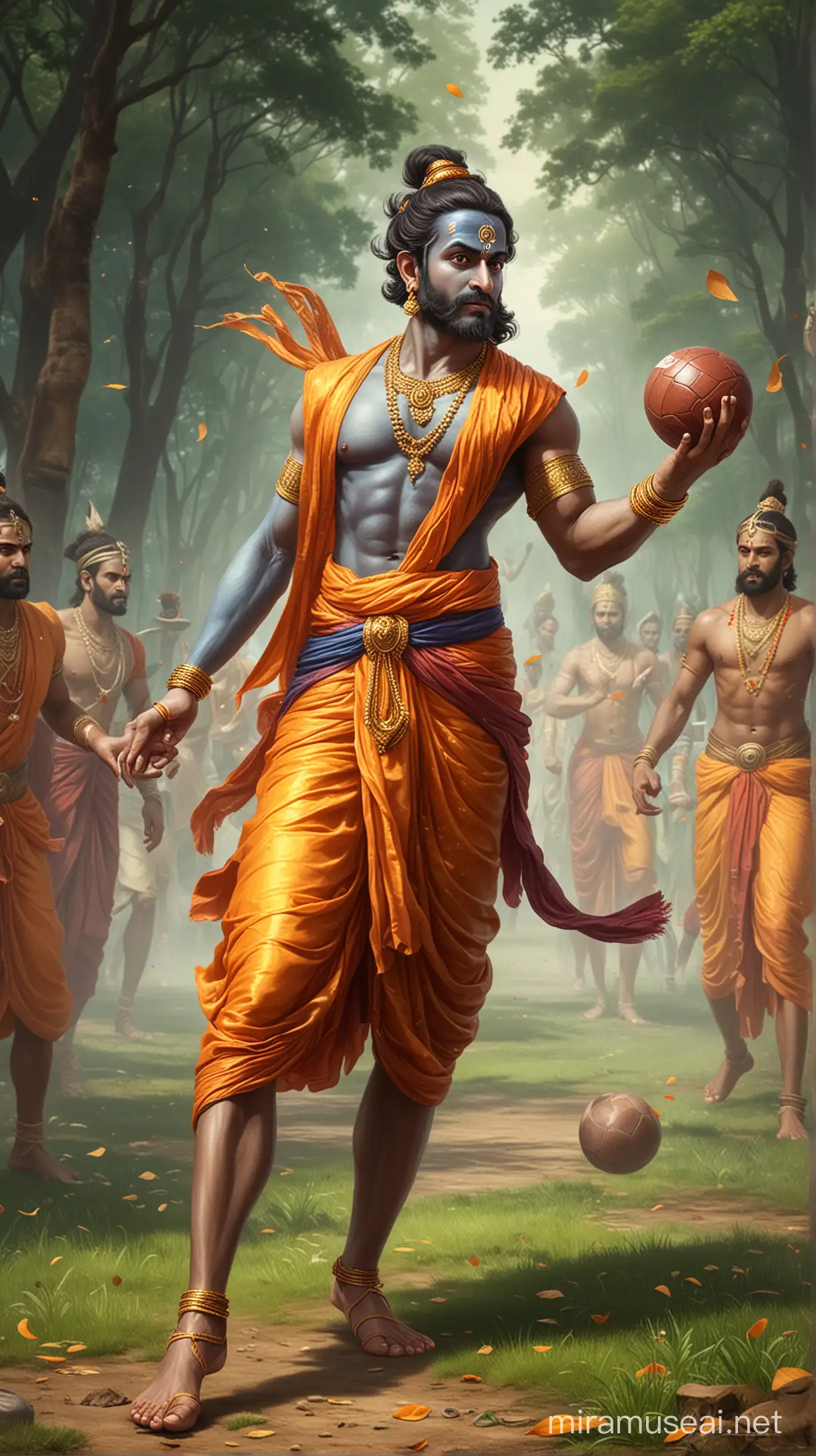 Create an image of lord Rama playing football 