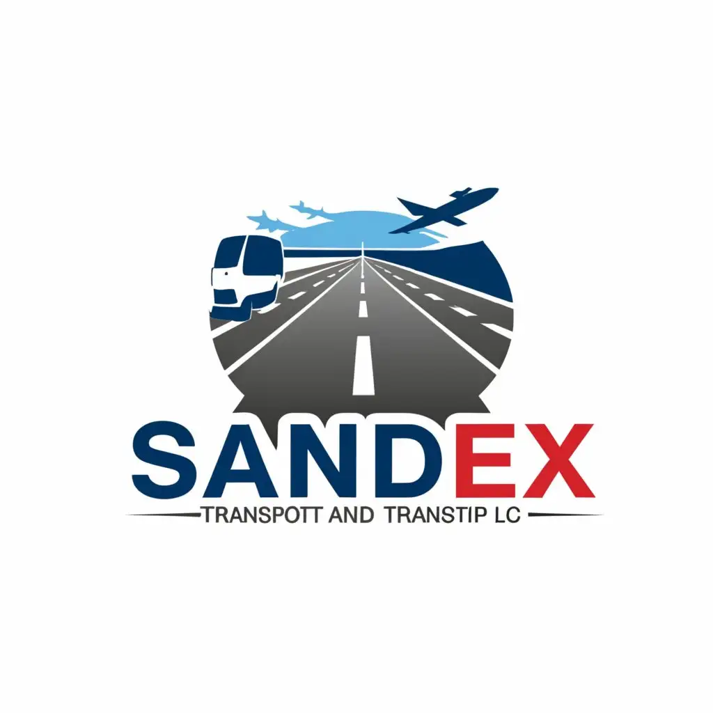 a logo design,with the text ""SANDEX"
Transport and Transit PLC
", main symbol:Road, parabola Planes and Truck,Moderate,clear background