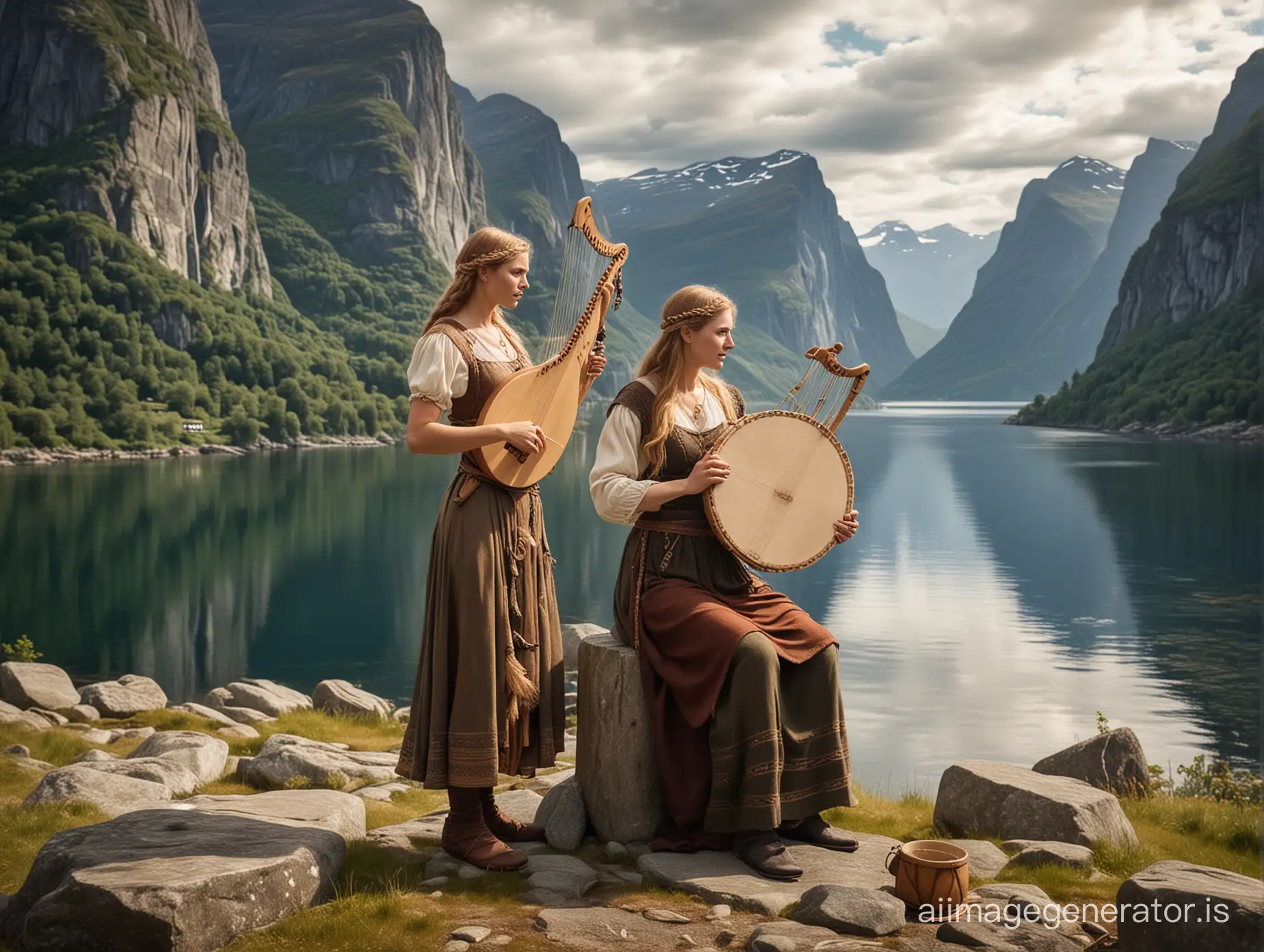 slender Norse woman and man playing lyre and hand drum and a Norwegian fjord background