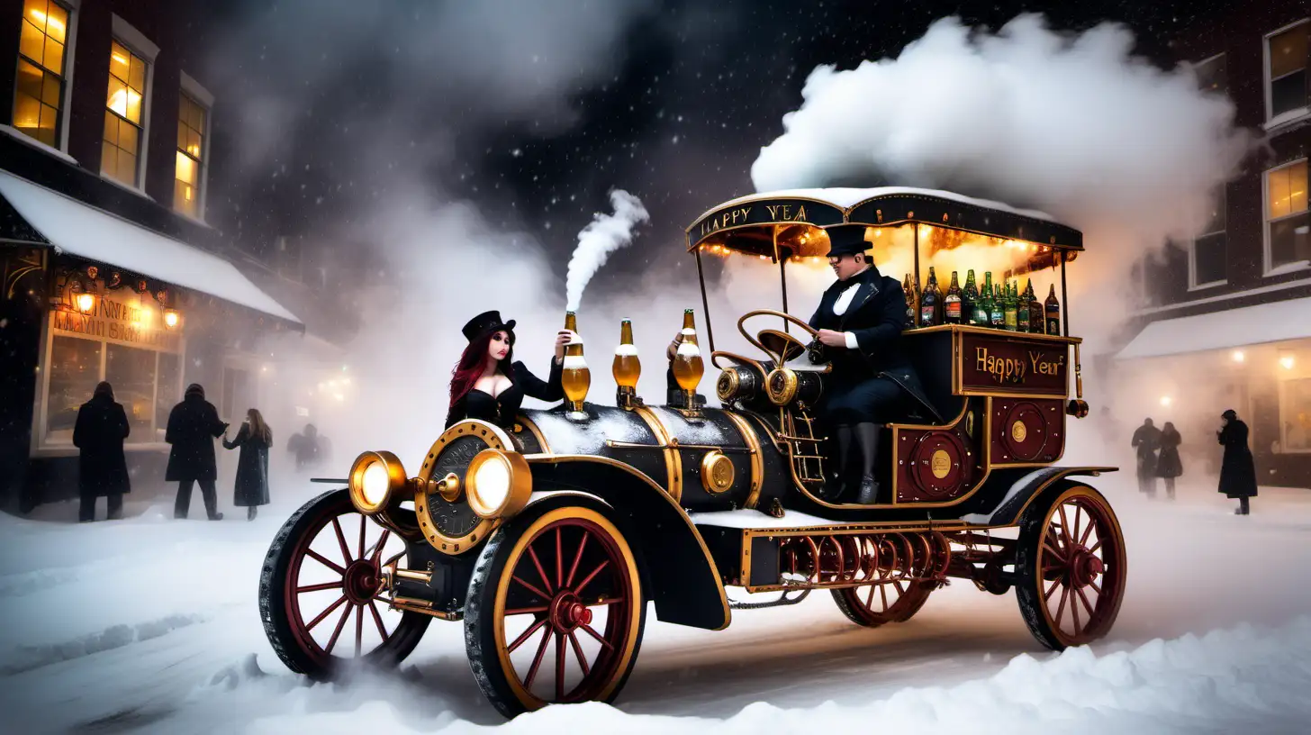 Steampunk New Year Celebration with Steam Cars and Snowfall