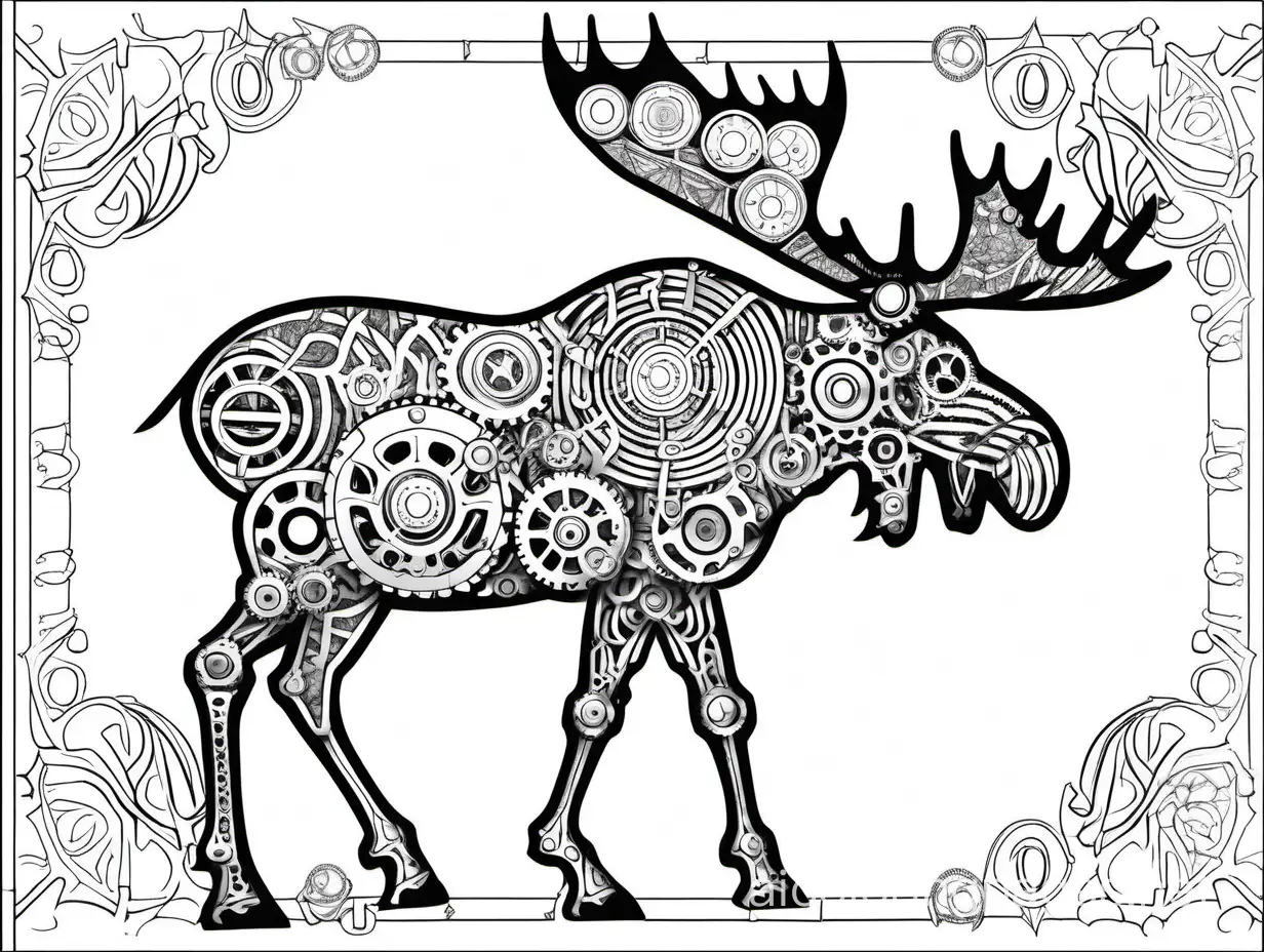 black and white Steampunk Style full page pattern of a moose ((side profile)), Coloring Page, black and white, line art, white background, Simplicity, Ample White Space. The background of the coloring page is plain white to make it easy for young children to color within the lines. The outlines of all the subjects are easy to distinguish, making it simple for kids to color without too much difficulty