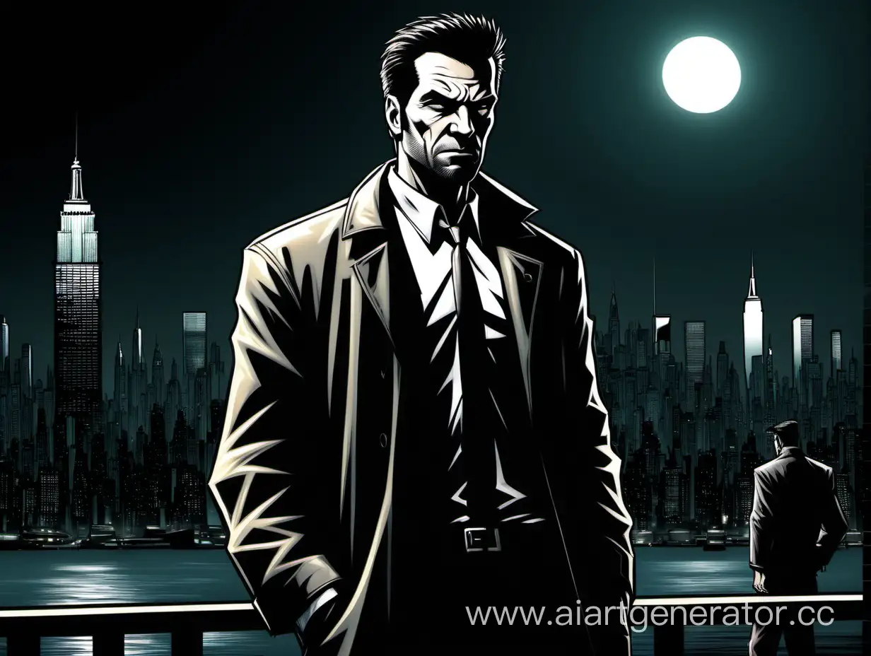 Max Payne на фоне ночного Нью-Йорка. Стиль комикс. 