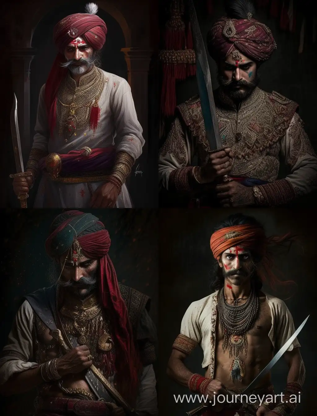 A Rajput brave man stood bleeding with a sword in his hand.
