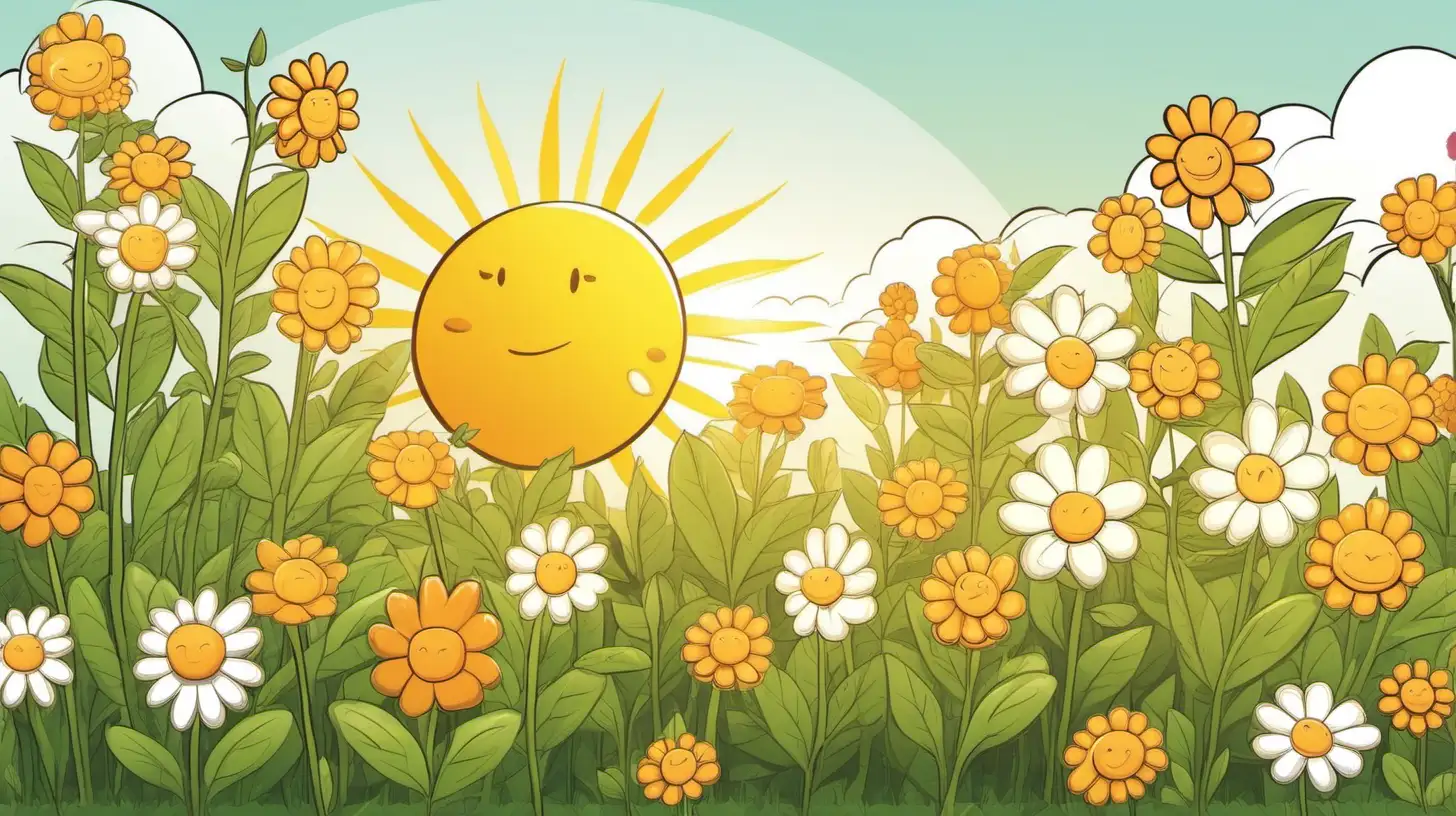 Bright Cartoon Illustration of Flowers and Sunshine