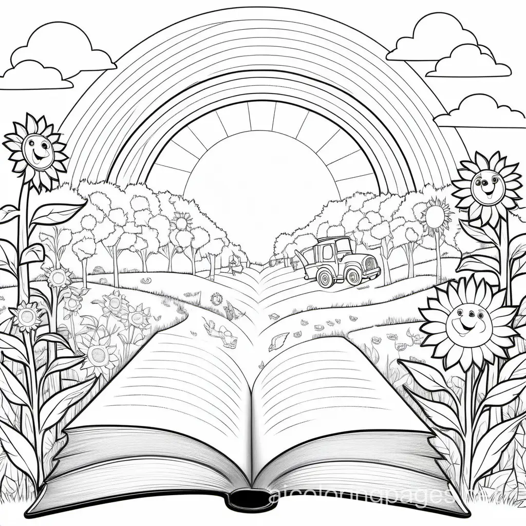 an enchanted realm with a road,  and an open book, bears and sunflowers with a rainbow and a sun in the sky , Coloring Page, black and white, line art, white background, Simplicity, Ample White Space. The background of the coloring page is plain white to make it easy for young children to color within the lines. The outlines of all the subjects are easy to distinguish, making it simple for kids to color without too much difficulty