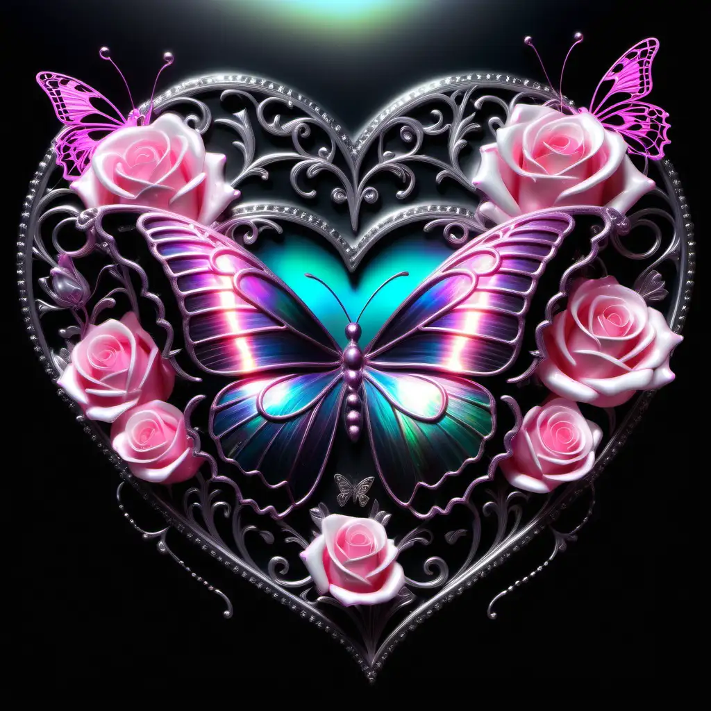 neon black mother of pearl colorsplash background, roses, heart, filigree, butterfly, glitter, sparkle, glowing