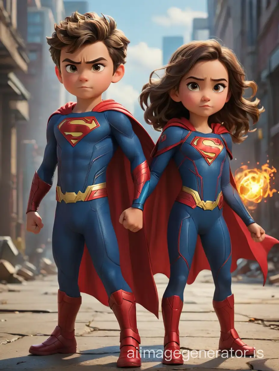 Create an image of Ava and Noah standing side by side in their superhero costumes, striking heroic poses with determination and confidence. Make sure to capture their unique powers and the vibrant colors of their costumes.