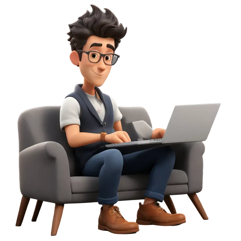 a man cartoon character sitting a sofa and work in laptop