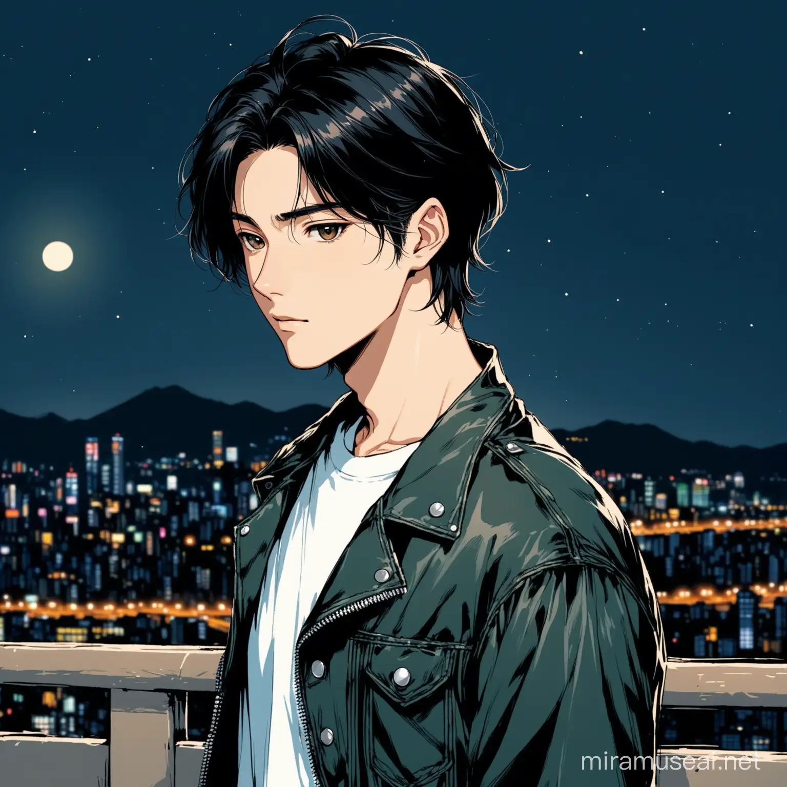 A handsome Korean teen in semi-realism art-style male in almost semi-anime-like, early twenties, with typical 90s clothes, jeans and T-shirt combo, Worn-out leather jacket, minimalist watch.  Dark brown eyes. Neatly trimmed black hair, slightly unkempt. Standing, half body view, at a Seoul city, night, in spring 1995.