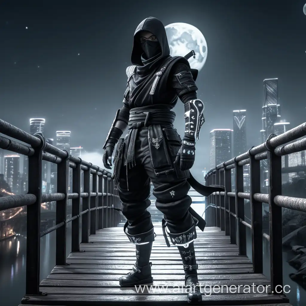 Ниндзя из бдо на свете белой луны в черных тонах в стиле киберпанка стоящий на мосту