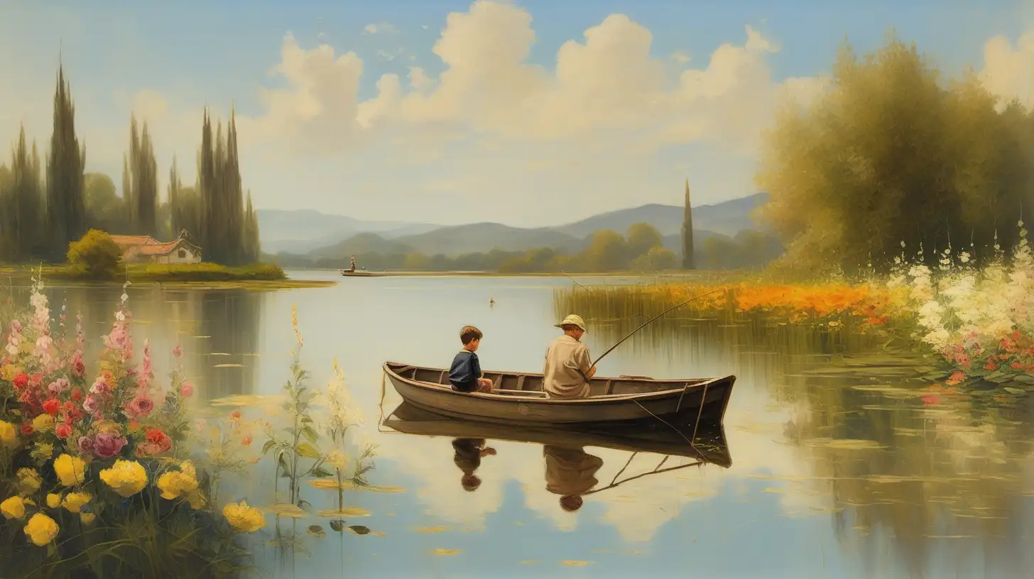 boat in a lake, young boy with grandfather sitting on the boat on the distance, fishing, flowery landscape, oil paint on canvas, beige

