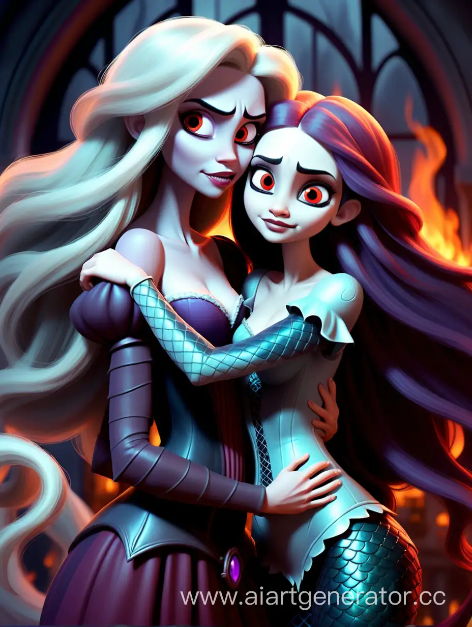Дочь Рапунцель королева вампиров с магий холода и огня а дочка принцеса обнимается с мамой королевой вампиров а дочу магия русалка вампир