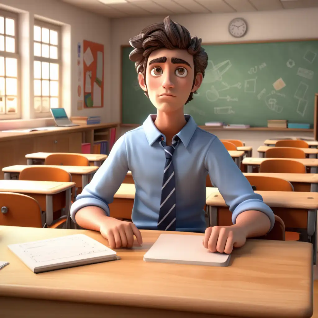 Create a 3D illustrator of an animated image of a guilty looking and good looking student, standing in front of his desk in a classroom, students are sitting in their places. Beautiful and spirited background illustrations.