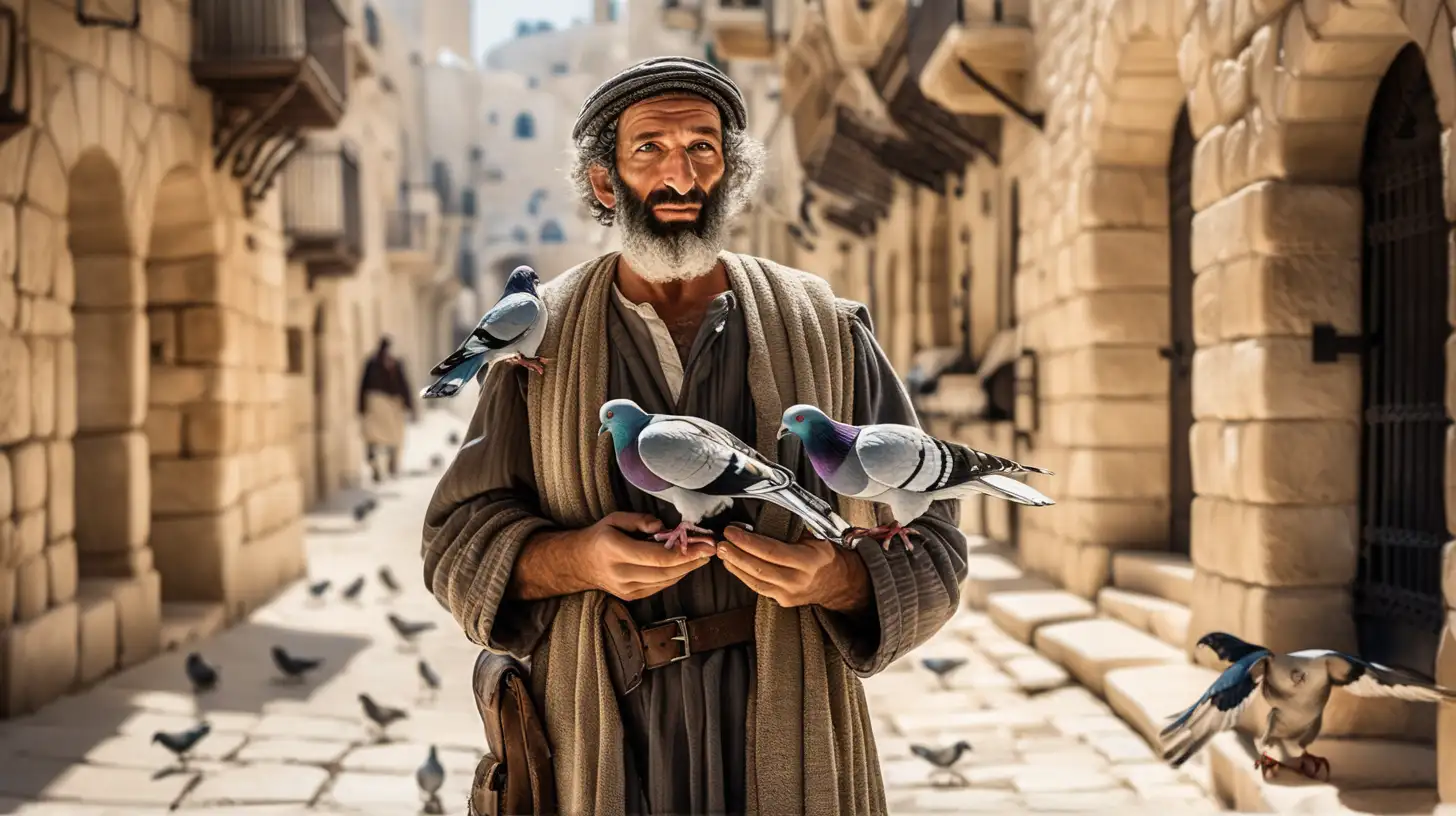 Biblical Era Hebrew Man Holding Two Pigeons in Jerusalem Street