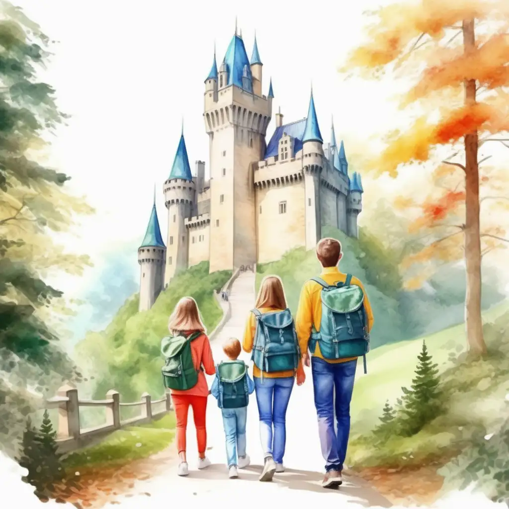 Vytvoř realistickou _ zachycující, jak rodina jede na výlet na hrad, zámek, příroda_ batohy na zádech, procházka lesem_ve stylu akvarel barev
