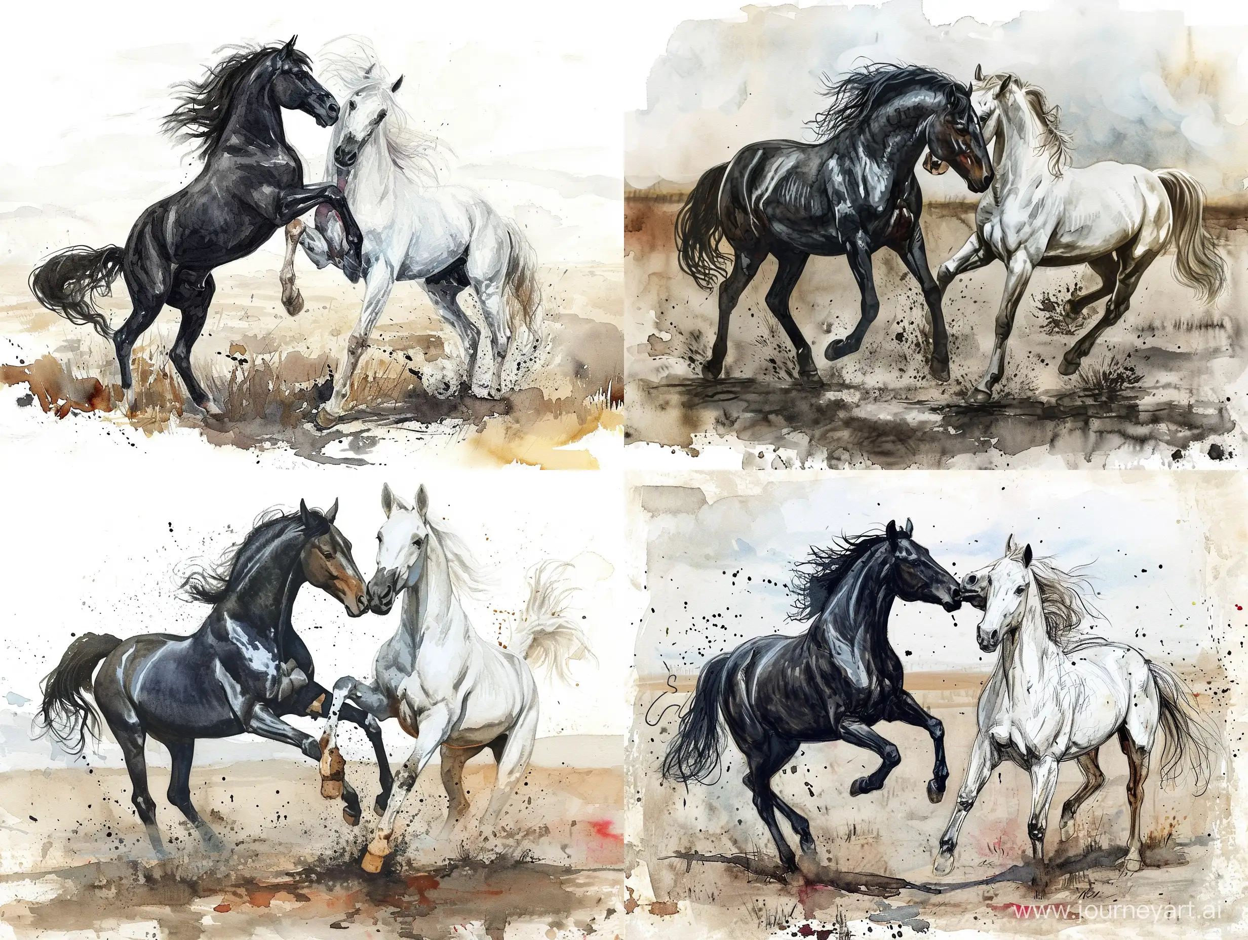 черная лошадь, белая лошадь, бьются друг с другом, на фоне русское поле, рисовка тушью, очень нежная акварель, мокрая акварель, мокрая бумага
