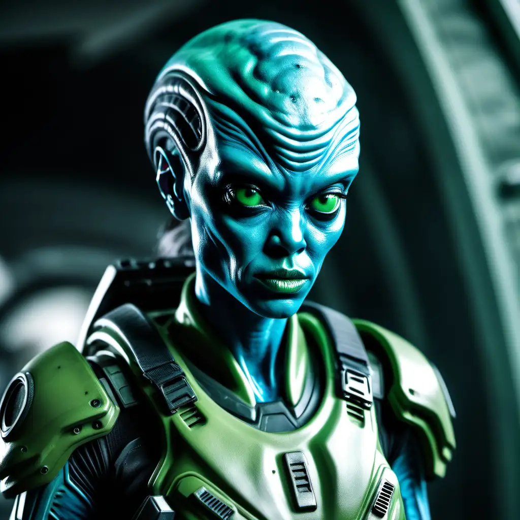 Blue skinned human looking female alien soldier in green combat gear looks puzzled